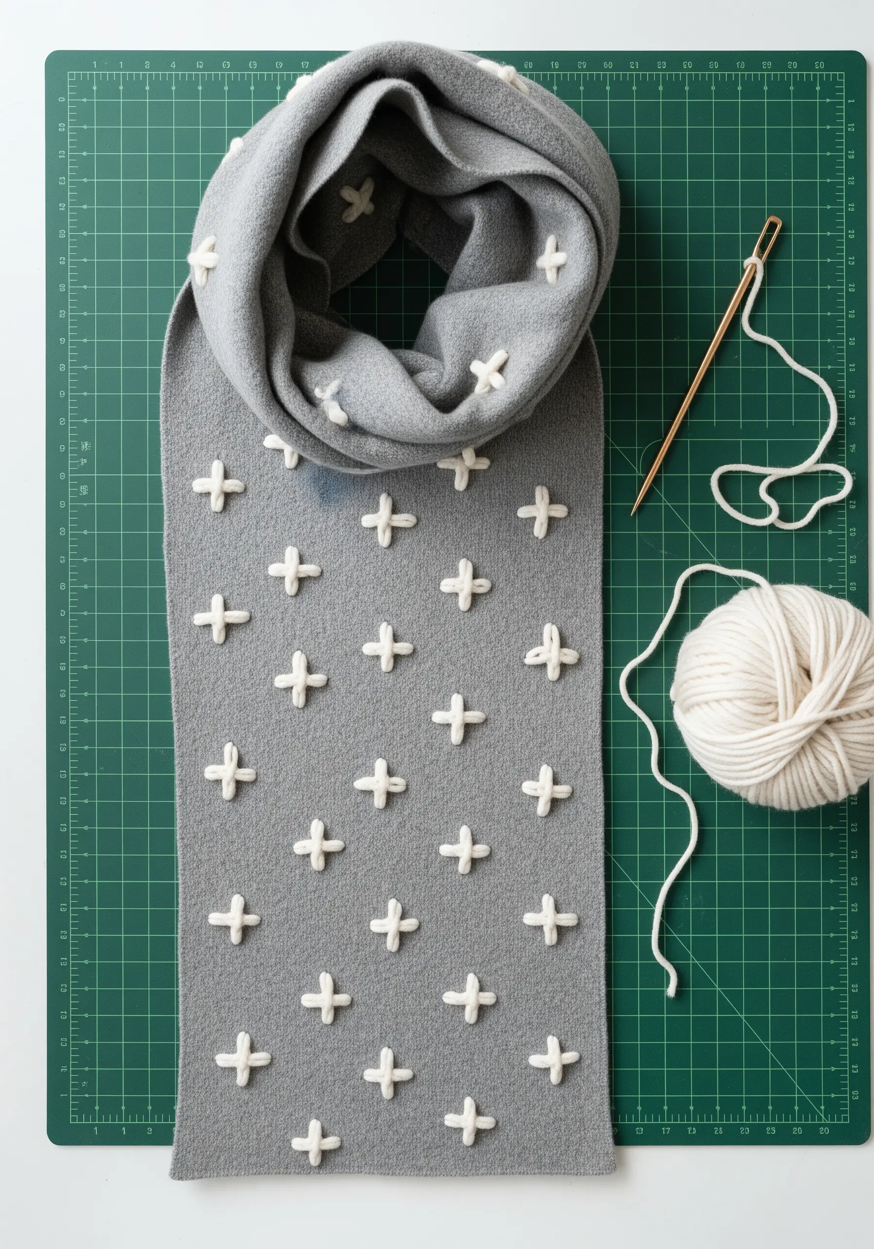 A grey wool scarf decorated with a pattern of plush, white yarn plus-sign stitches.