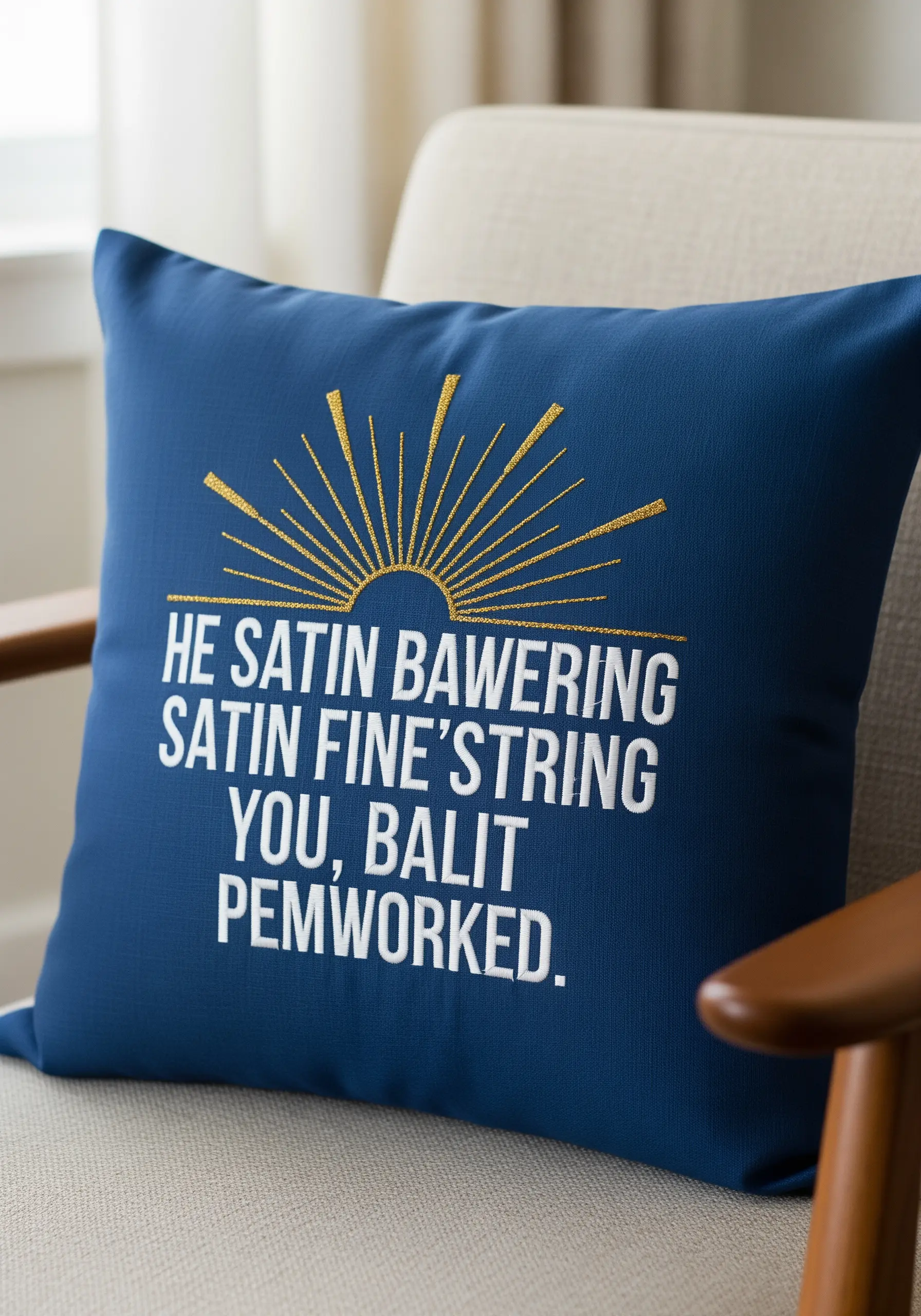 A navy blue throw pillow with a bold, embroidered quote in white and a stylized sunburst in gold thread.