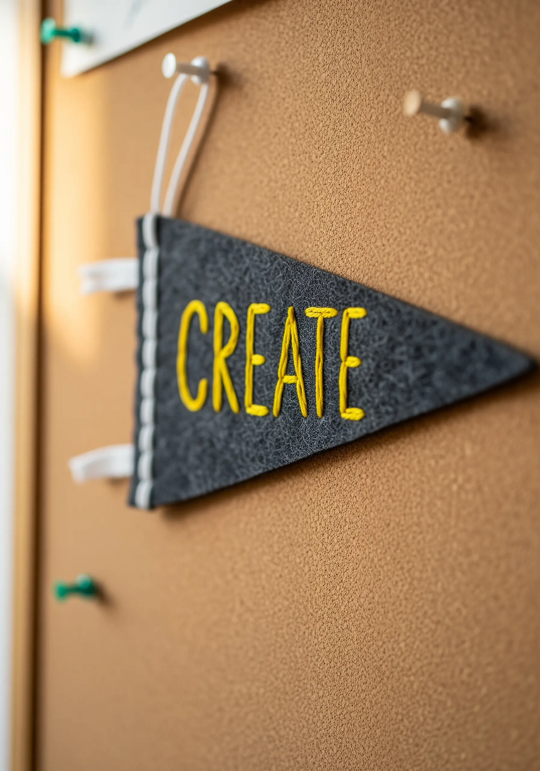A small dark grey felt pennant with the word 'CREATE' embroidered in yellow thread.