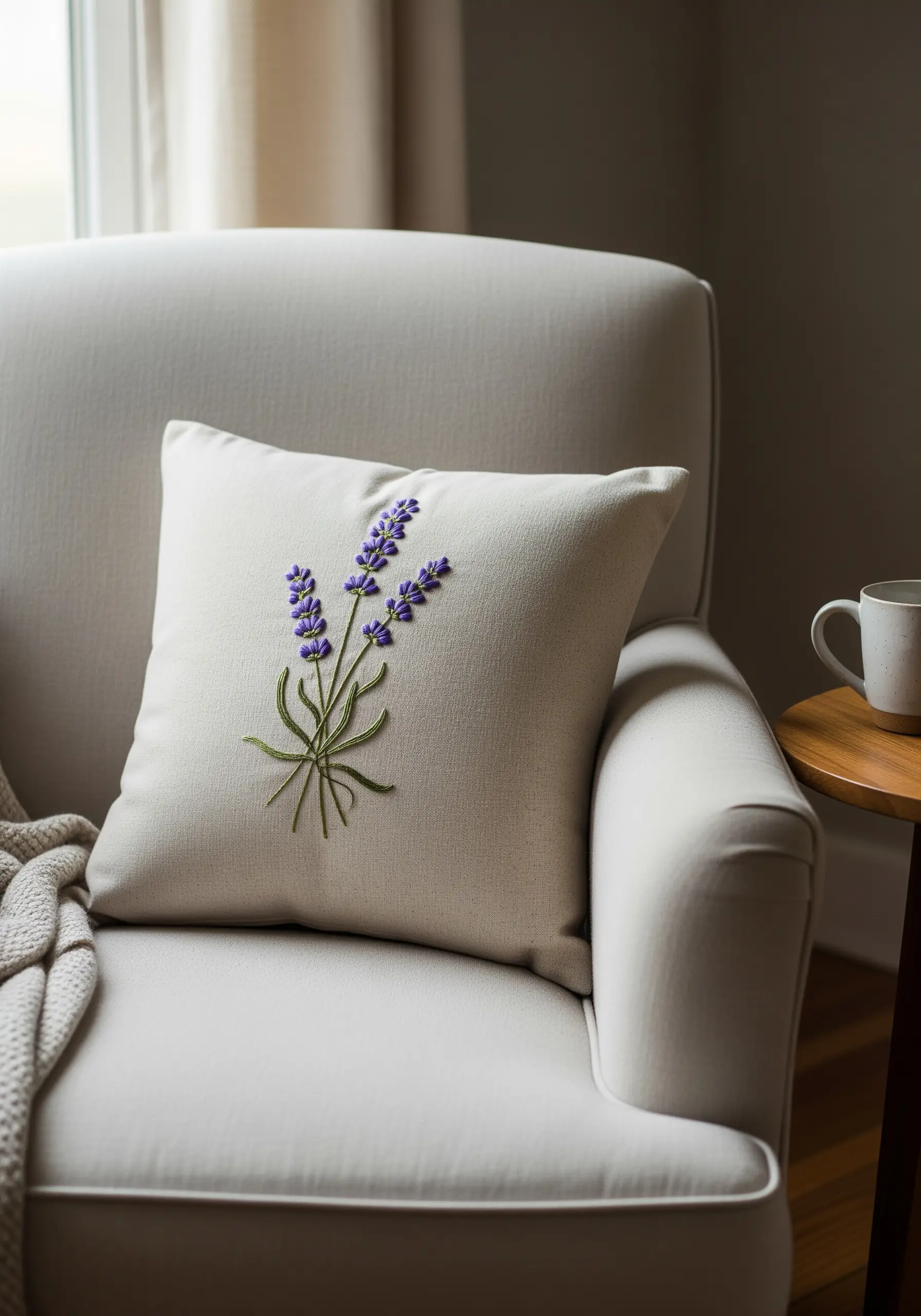 Embroidered lavender sprig with textured knots on a neutral linen cushion.