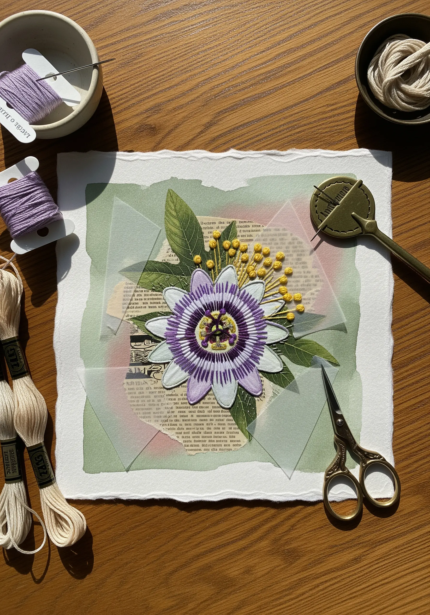 Embroidered passionflower on layered paper collage with text and vellum.
