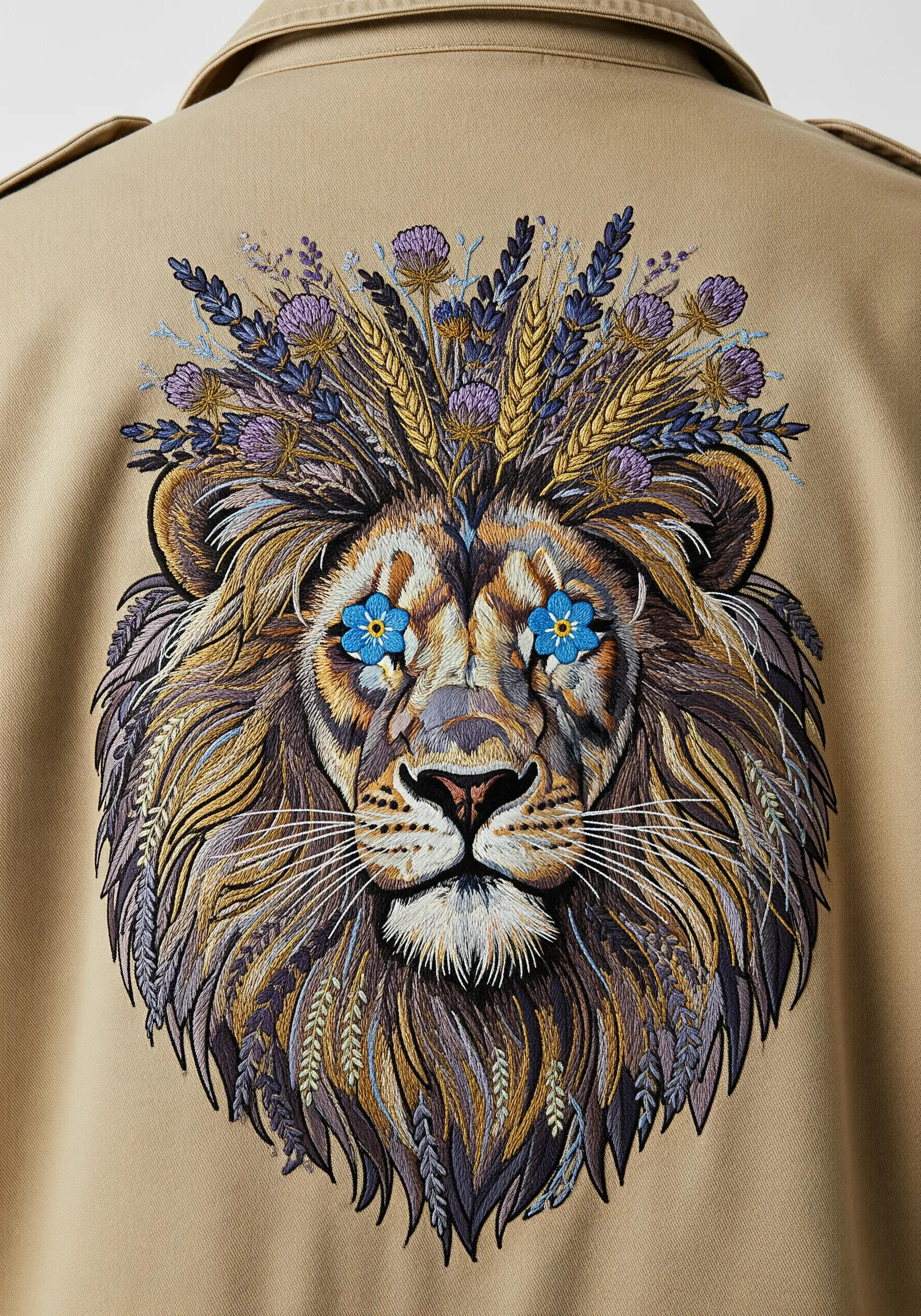 Embroidered lion on a jacket with a mane made of wheat, lavender, and thistles.