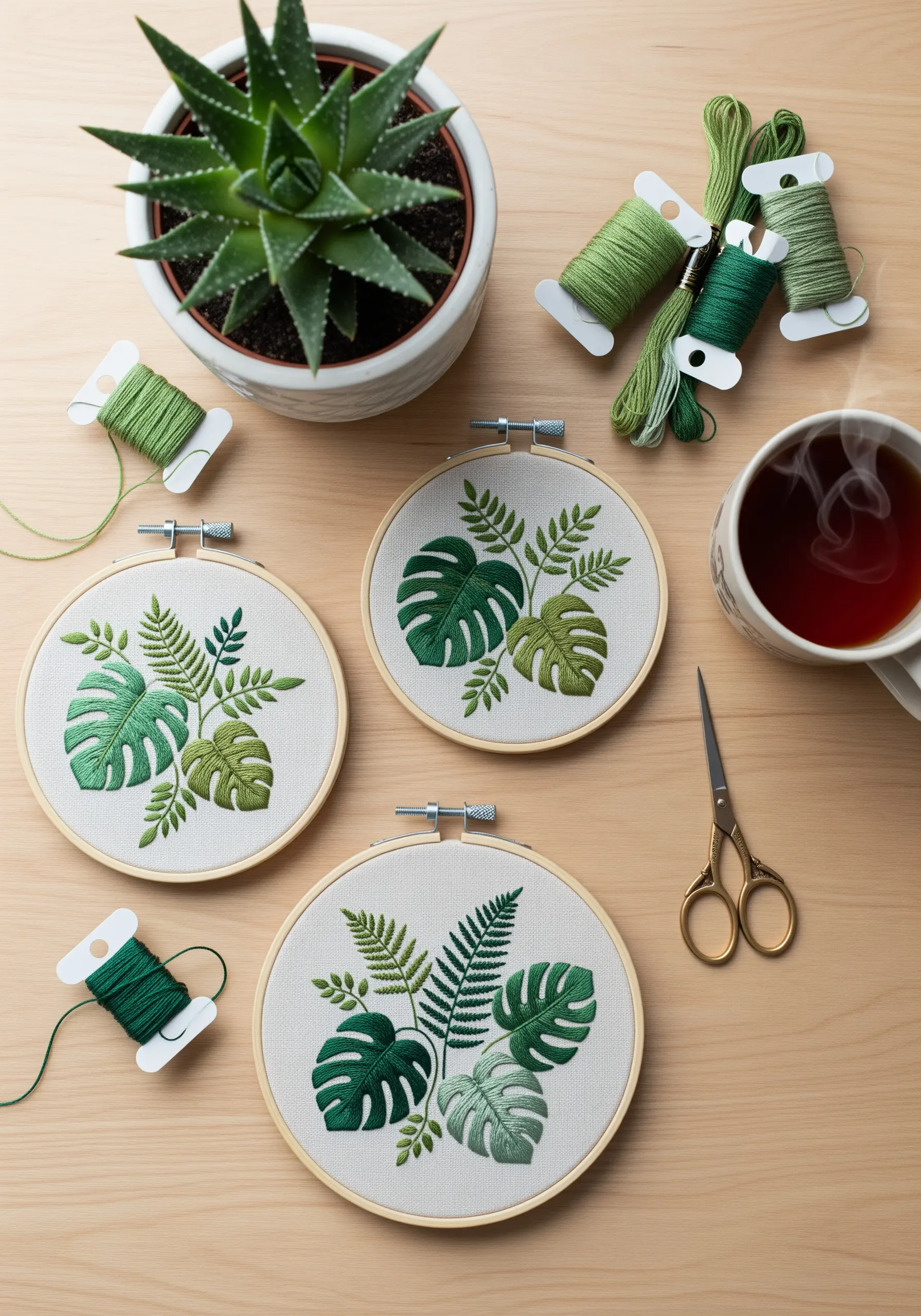 Three embroidery hoops with detailed monstera and fern leaf patterns in various green threads