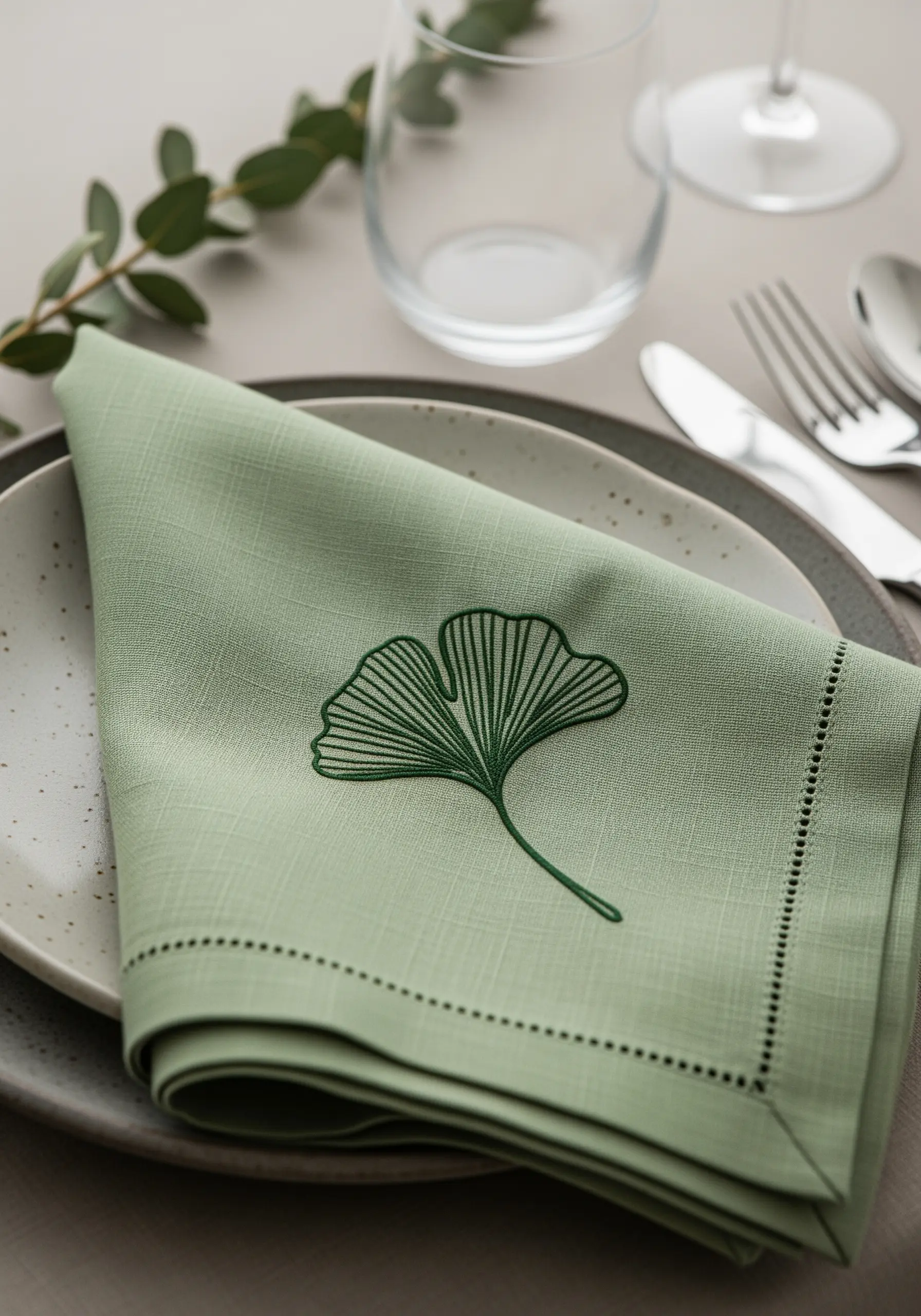 Dark green embroidered ginkgo leaf on a sage green linen napkin.
