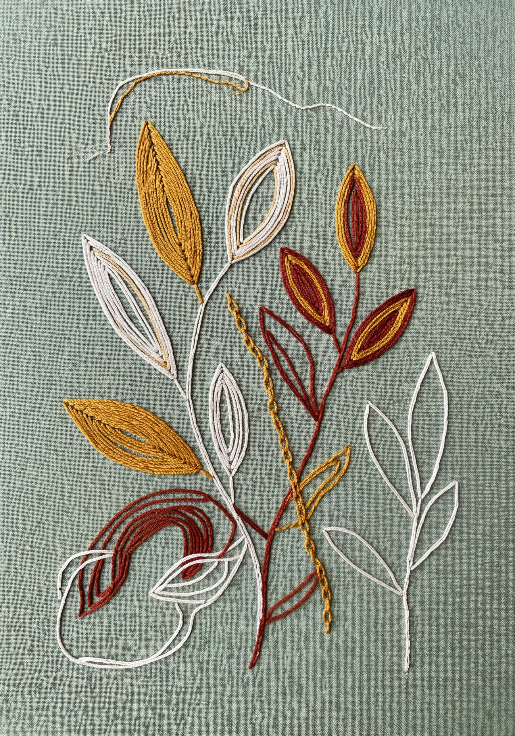 Abstract botanical embroidery showing leaves in filled, outline, and unfinished styles.
