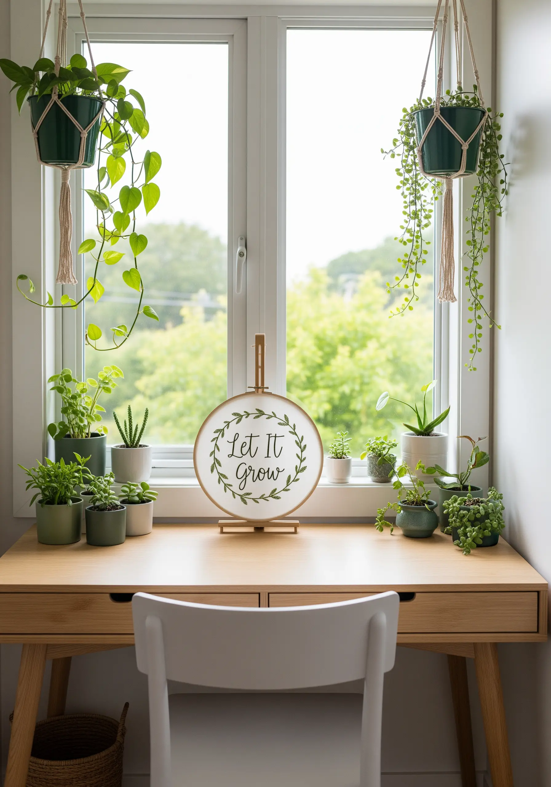 Embroidered 'Let it Grow' quote surrounded by a green leafy wreath in a hoop.