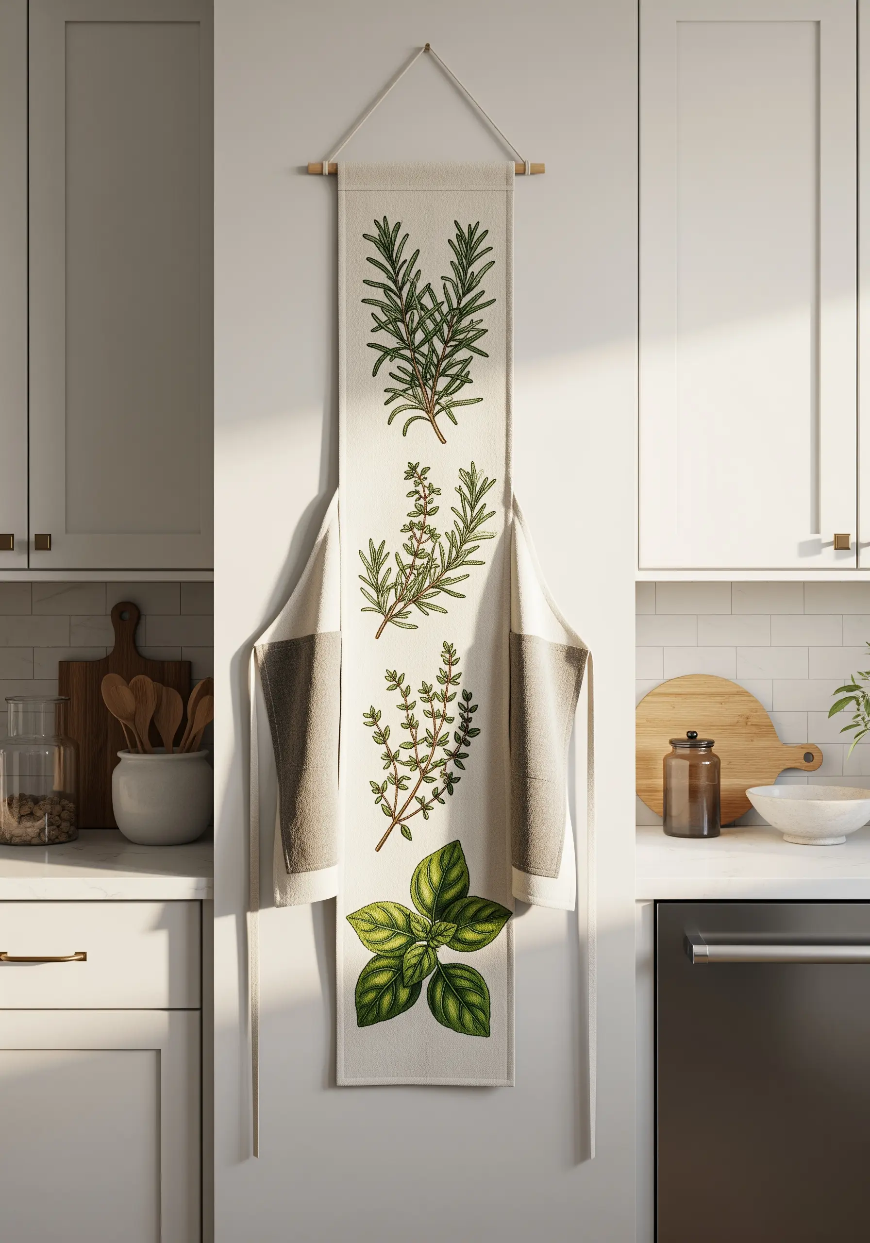 An apron hanging on a wall, embroidered with realistic rosemary, thyme, and basil sprigs.