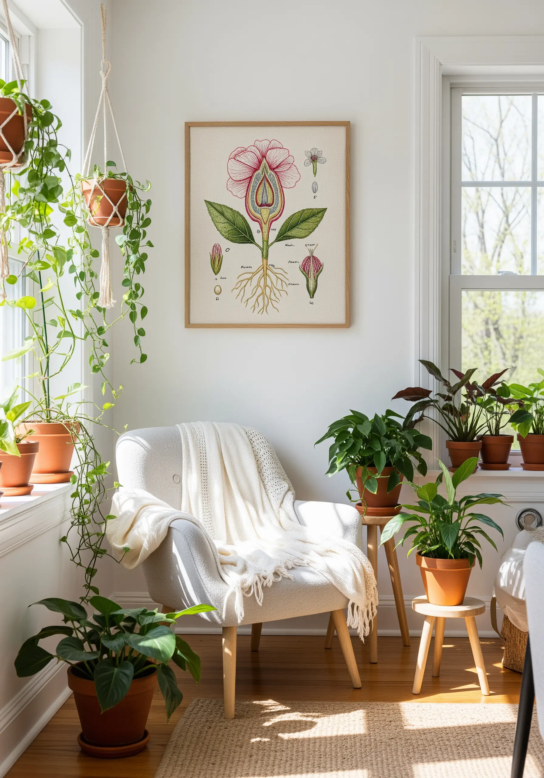 A vintage-style botanical illustration of a flower's cross-section, stitched with fine detail.