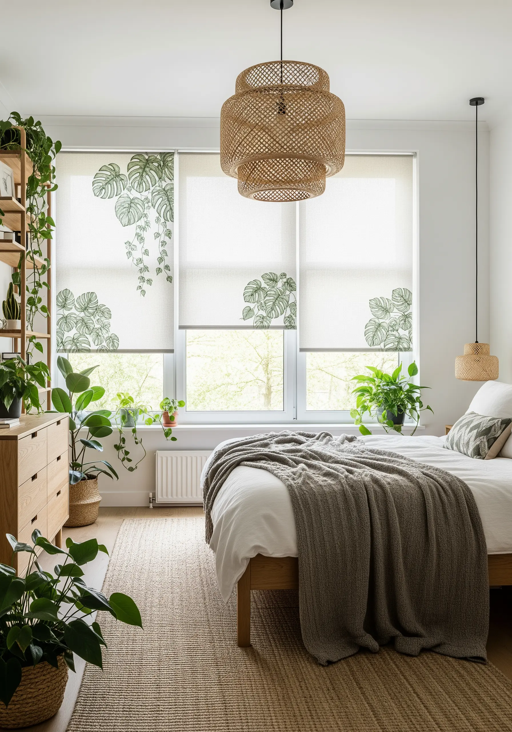 White roller blinds featuring delicate green line art embroidery of Monstera leaves.