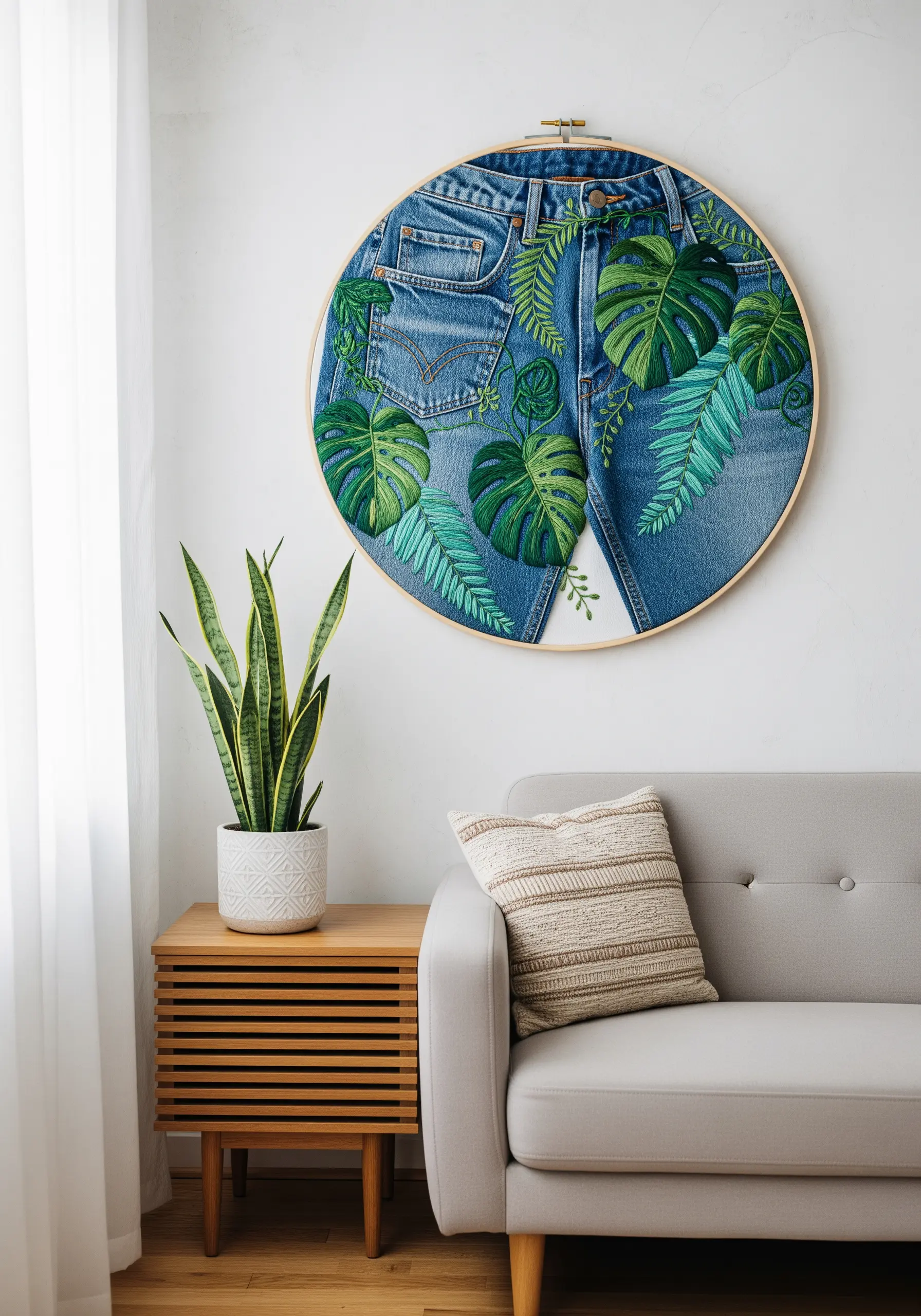 Embroidered monstera and fern leaves stitched onto upcycled blue jeans in a large hoop.