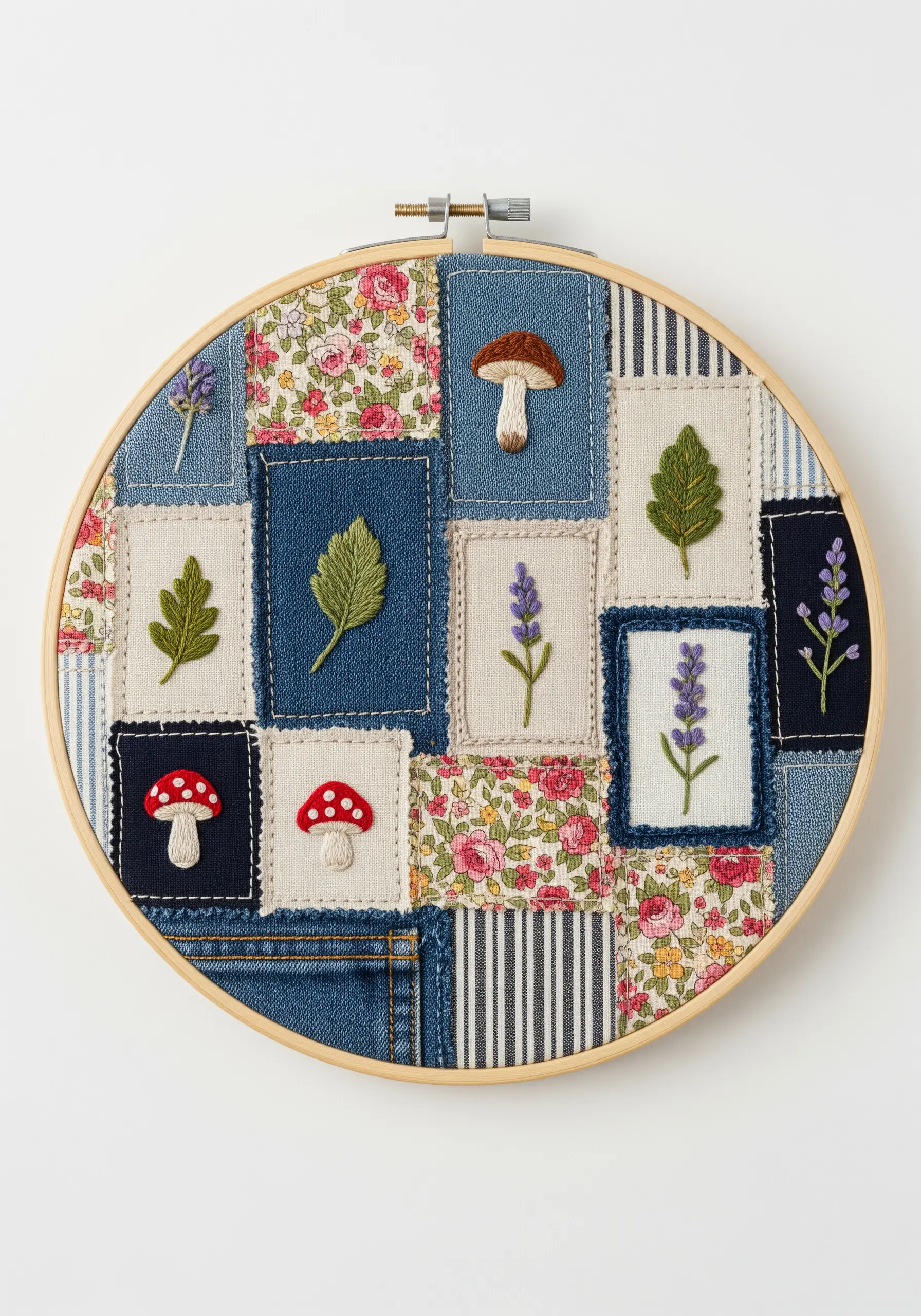 A patchwork of different fabrics in a hoop, decorated with small embroidered botanical patches.