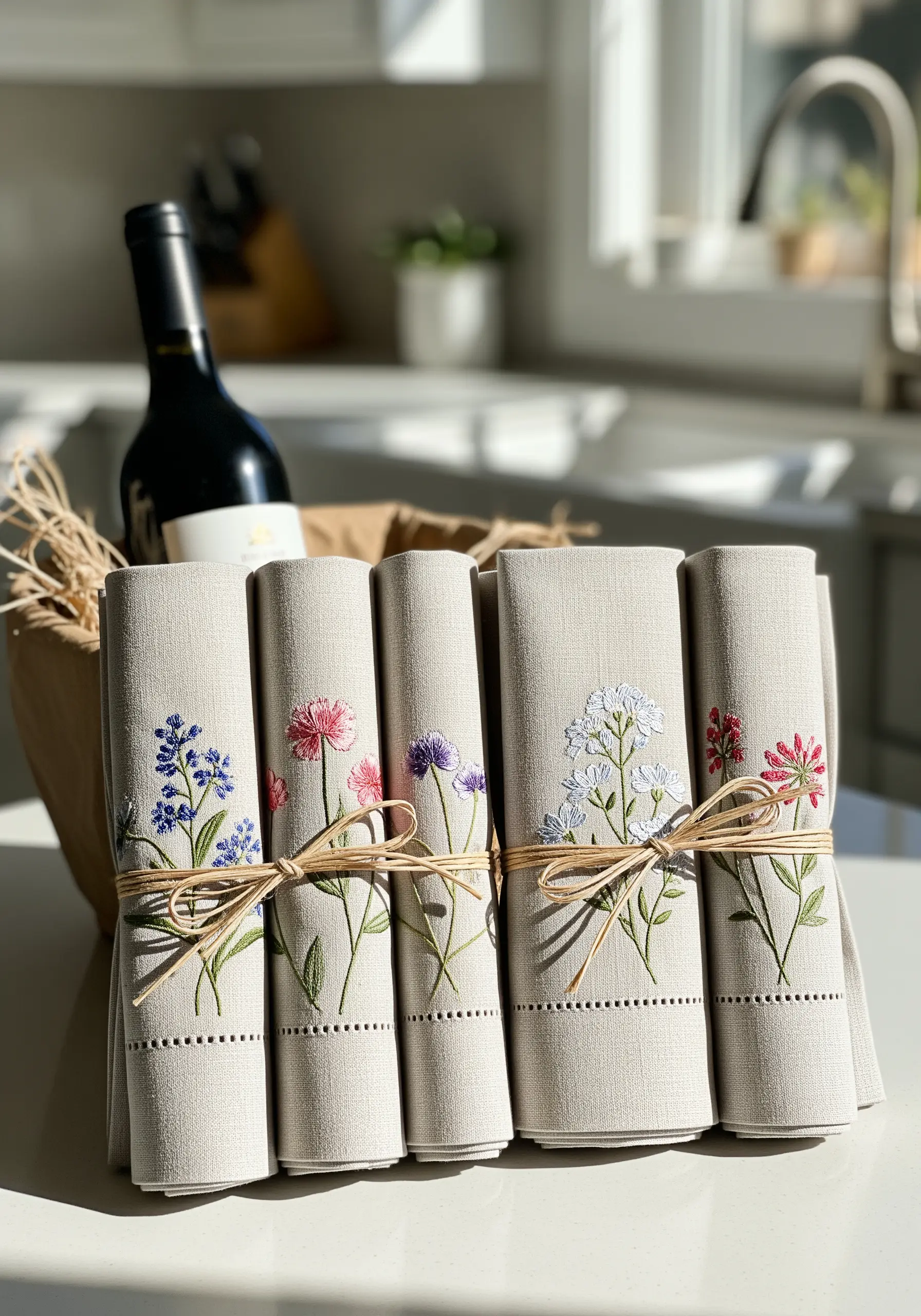 Set of linen dinner napkins, each embroidered with a different colorful wildflower stem.