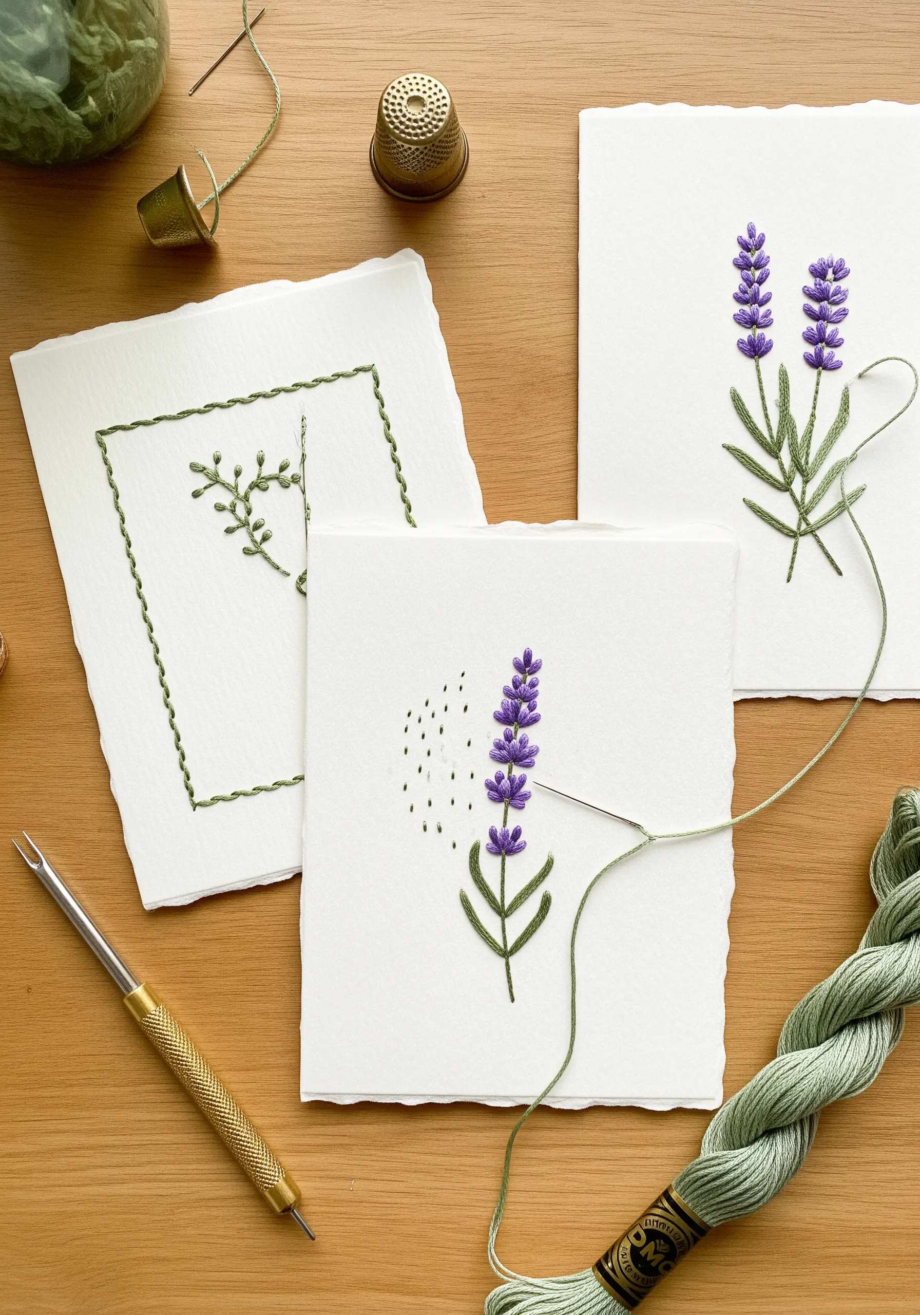 Lavender embroidery on handmade paper with deckle edges.