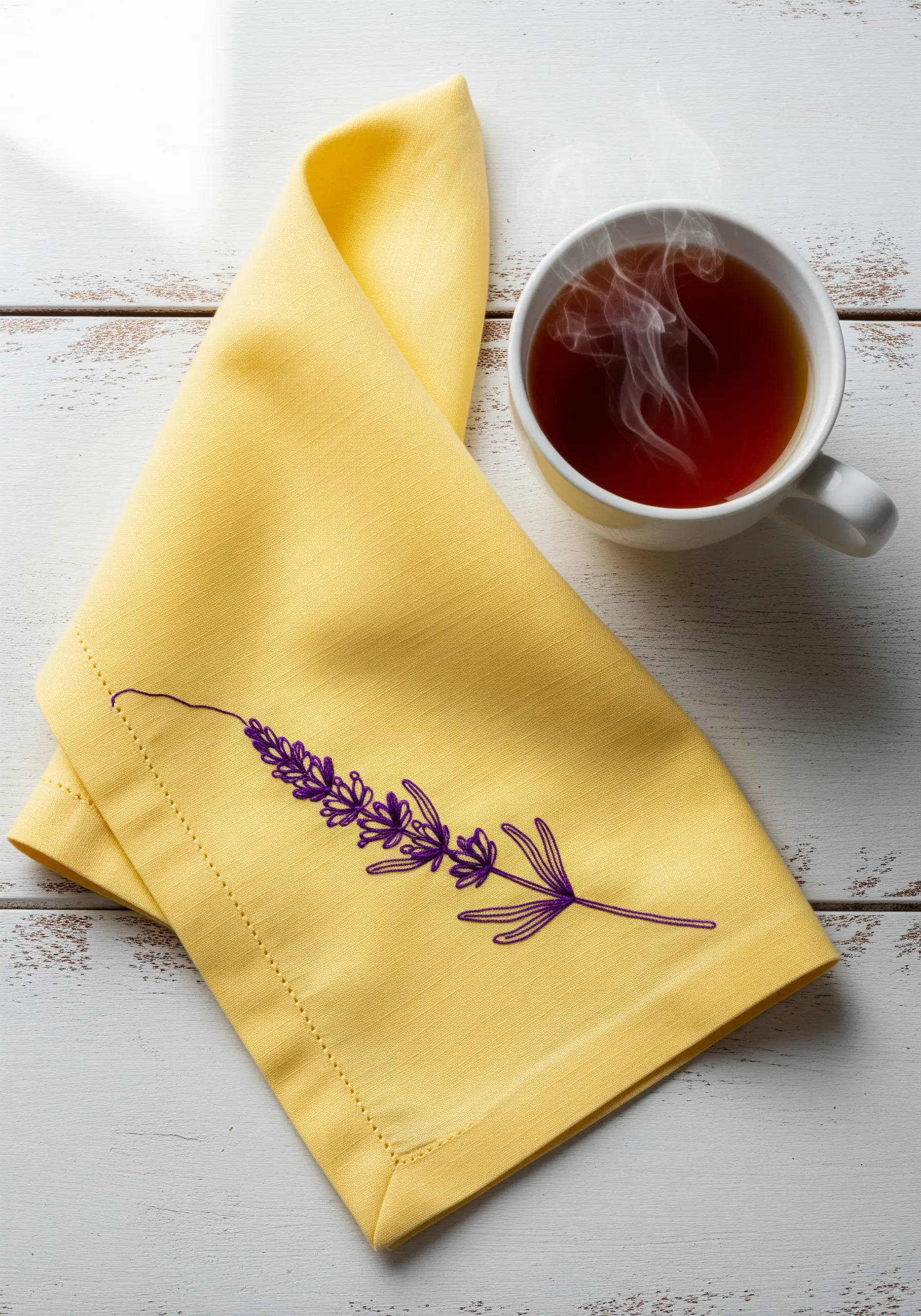 Purple lavender sprig embroidered on a bright yellow linen napkin.