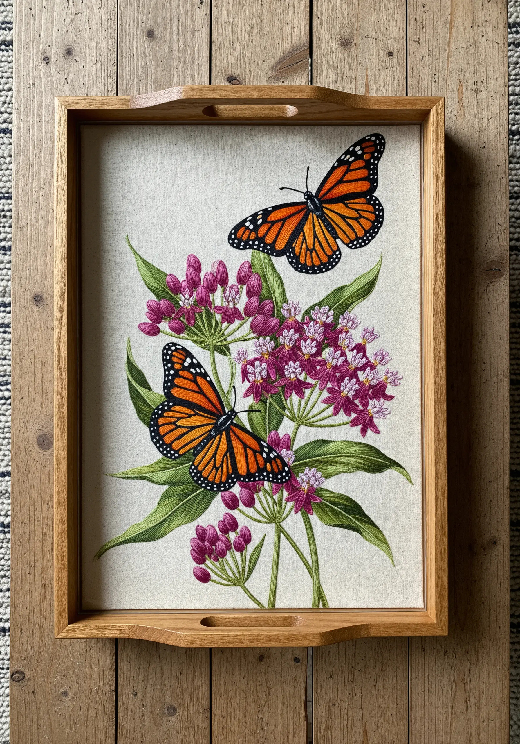 A wooden tray displaying a highly detailed embroidery of monarch butterflies on milkweed flowers.