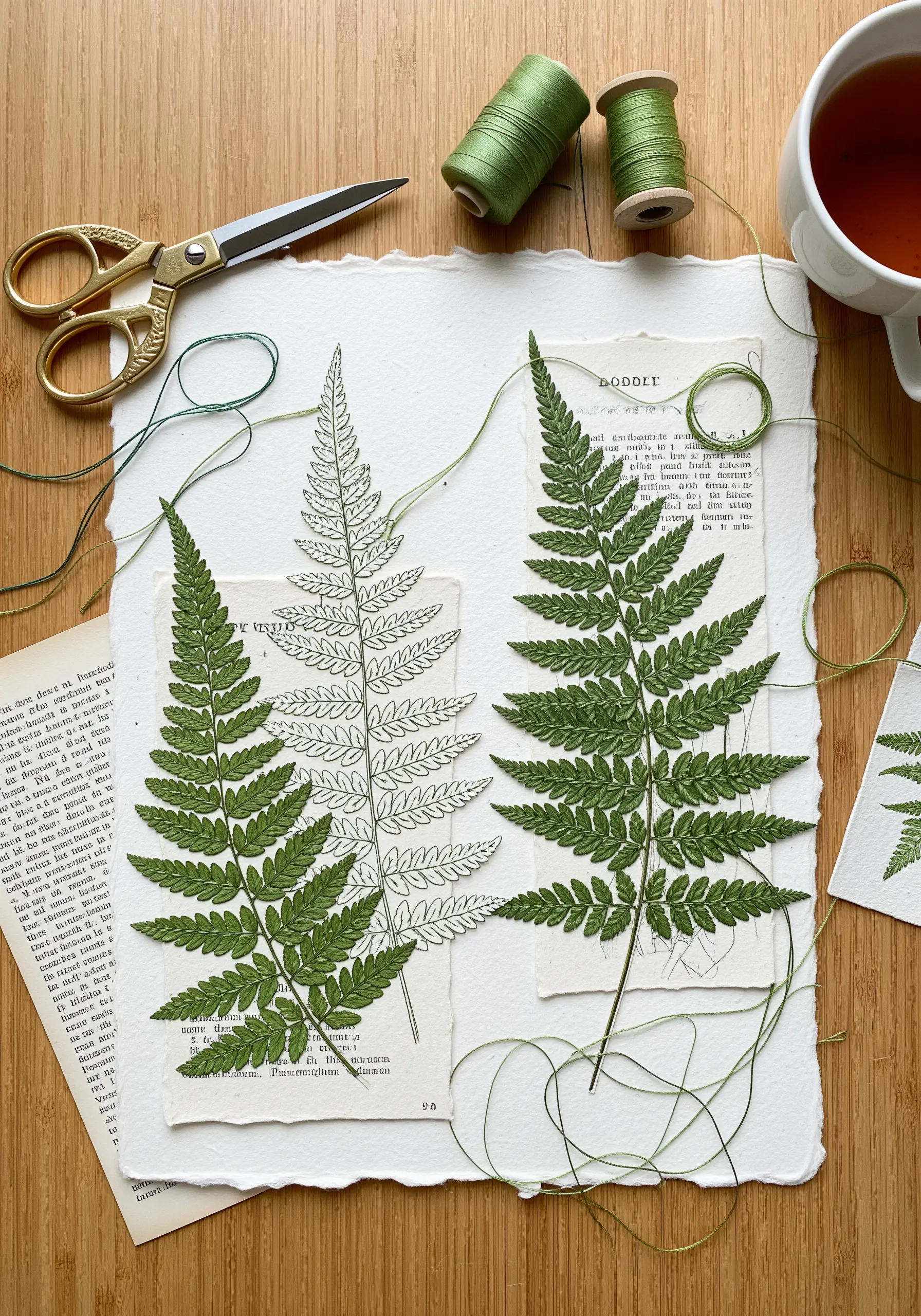Stitching over a printed fern illustration on handmade paper with green thread.