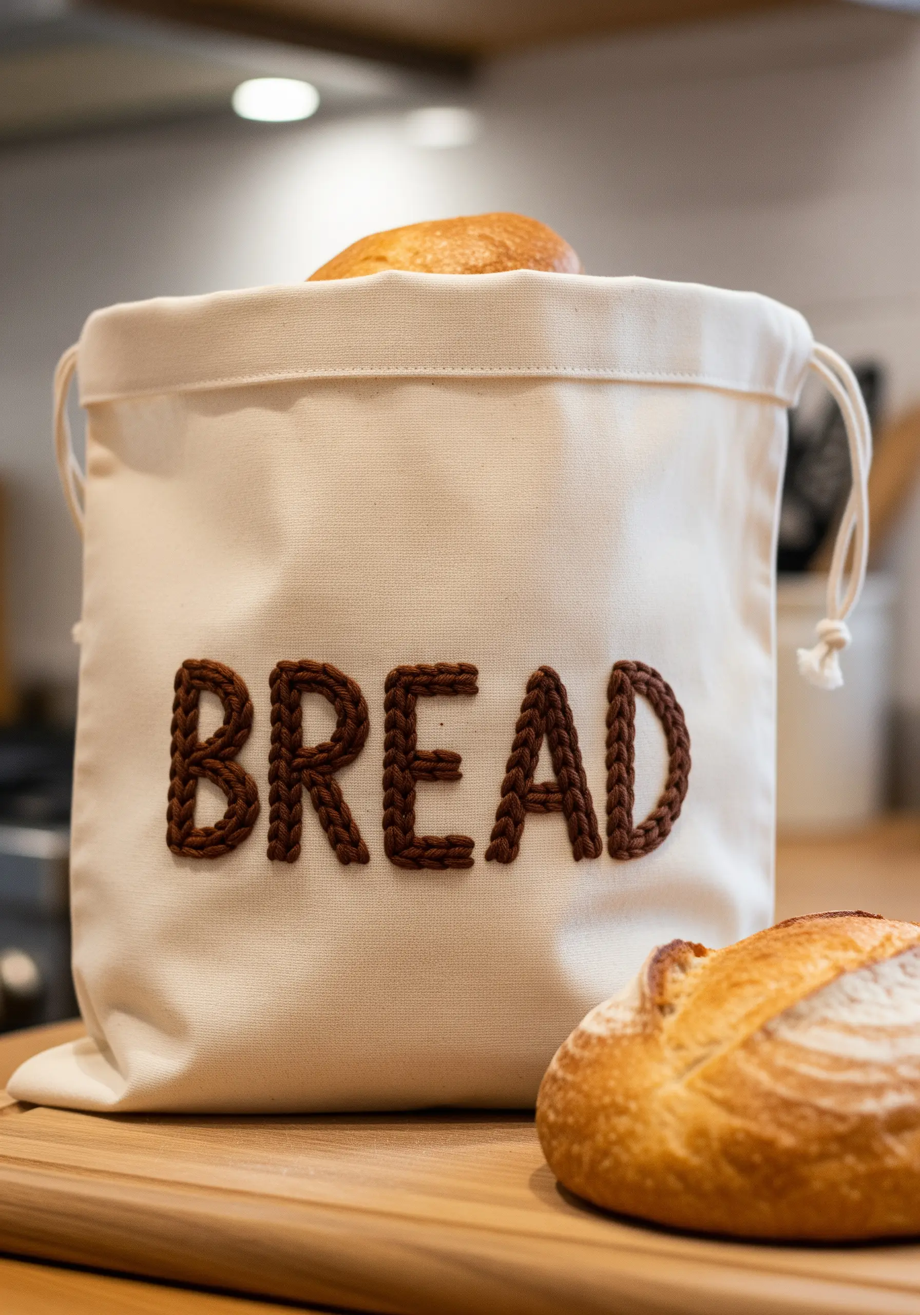 Canvas bread bag with the word 'BREAD' stitched in a thick, brown braided stitch.