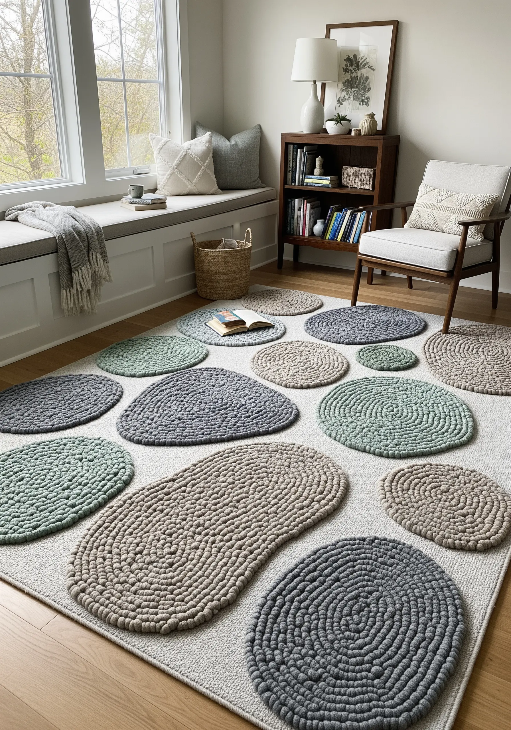 A collection of pebble-shaped rugs made from coiled chunky yarn in muted green, gray, and beige tones.