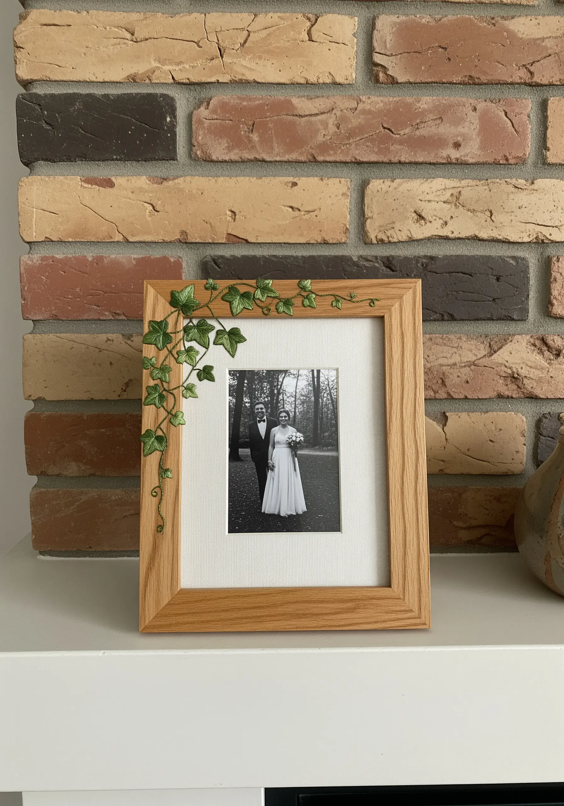 A wooden photo frame with three-dimensional embroidered ivy vines climbing up and around the corner.