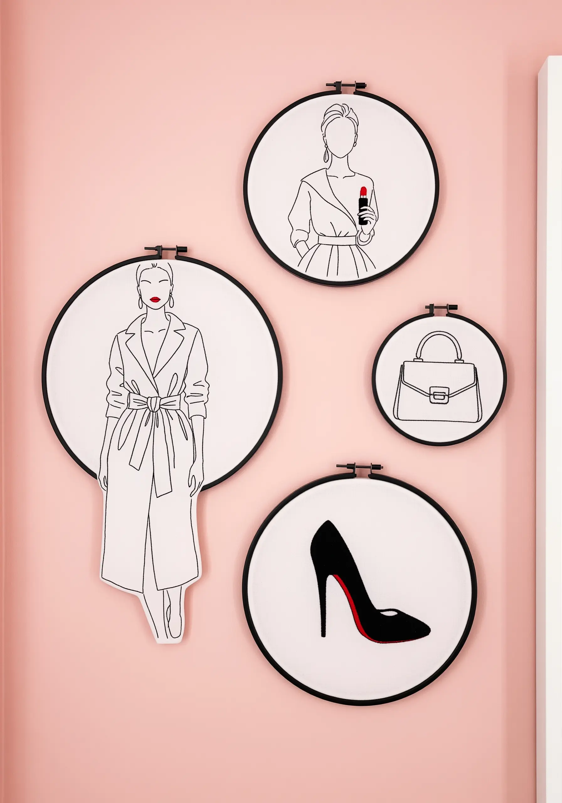 Four black-hooped embroidery pieces with minimalist fashion illustrations and accessories.