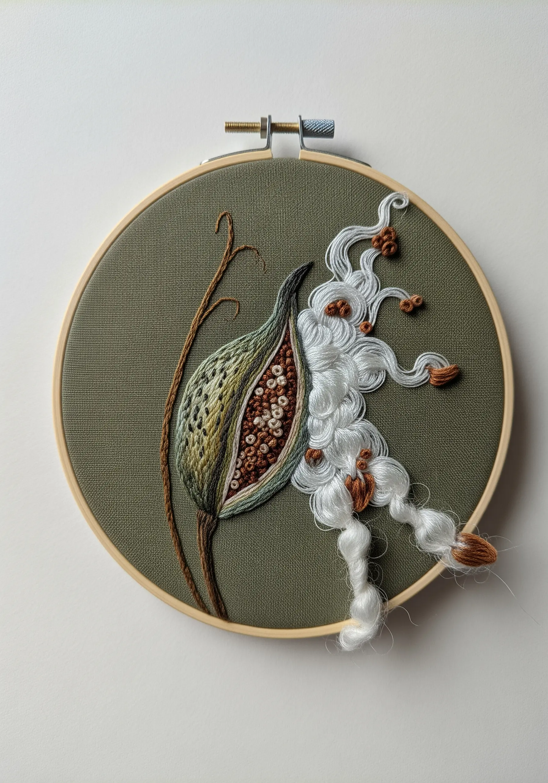 Embroidery of a milkweed pod with white floss spilling out of the hoop's frame.