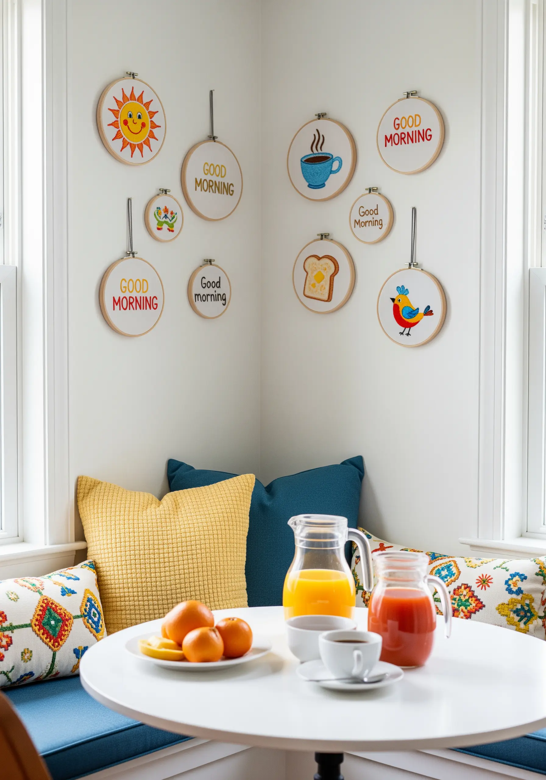 A happy collection of breakfast-themed embroidery hoops, some with the text 'Good Morning,' in a corner nook