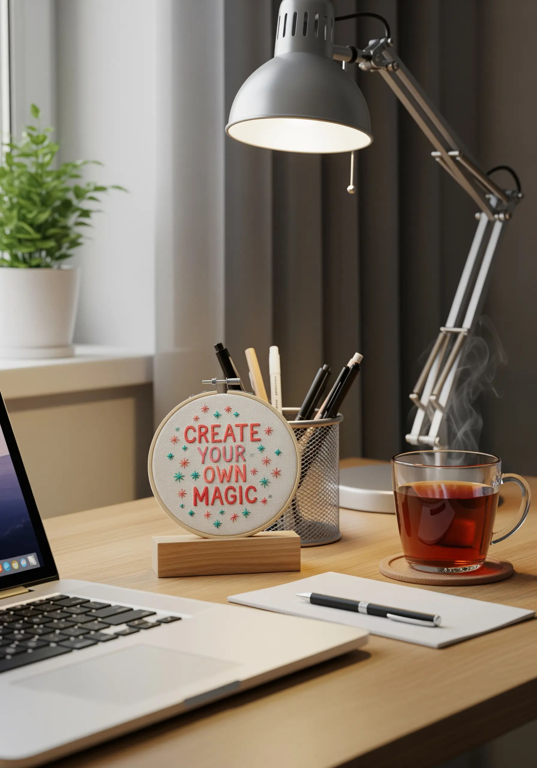 A cross-stitch hoop with the words 'Create Your Own Magic' sitting on a desk.