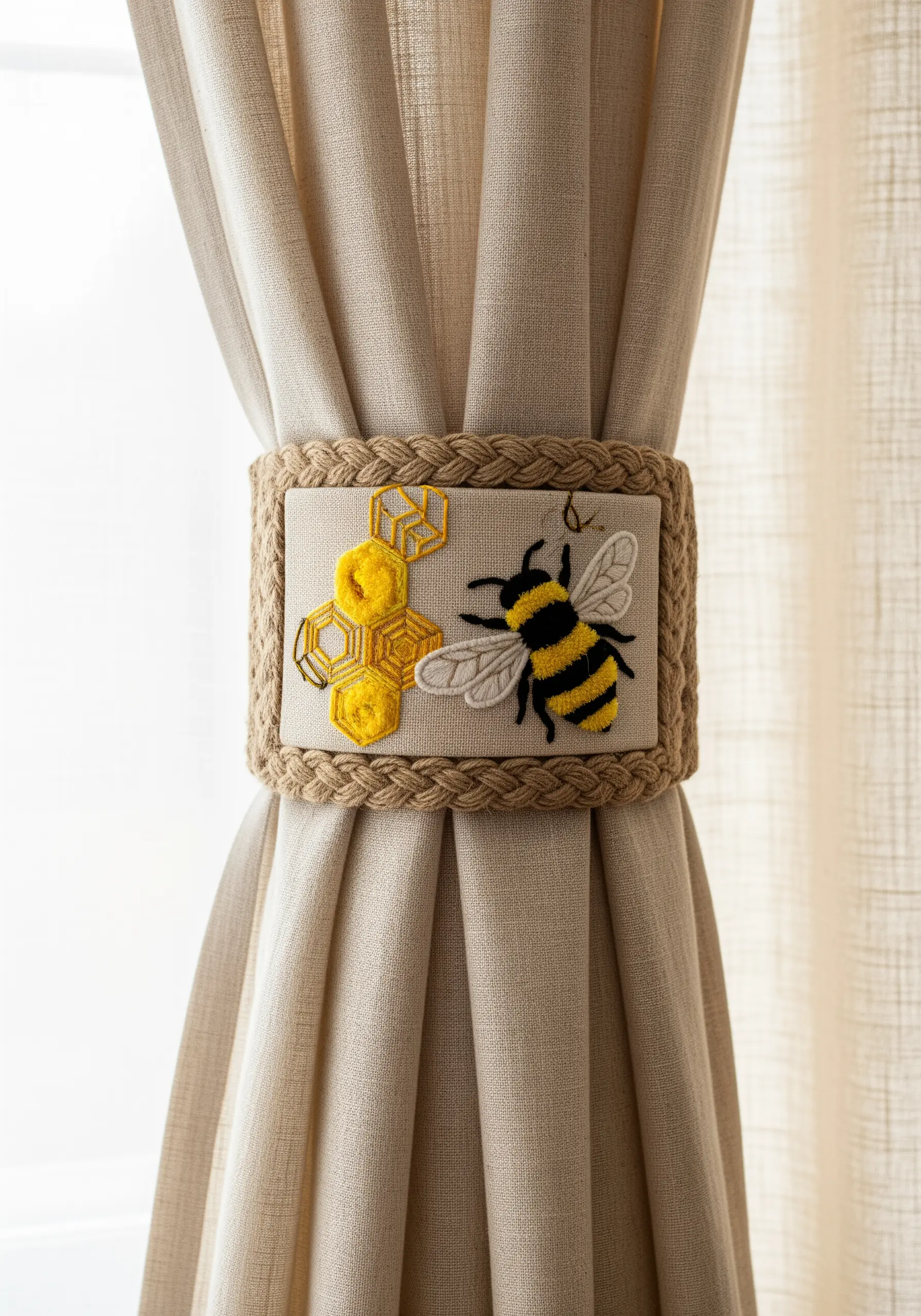 An embroidered curtain tie-back with a 3D bee and honeycomb motif.