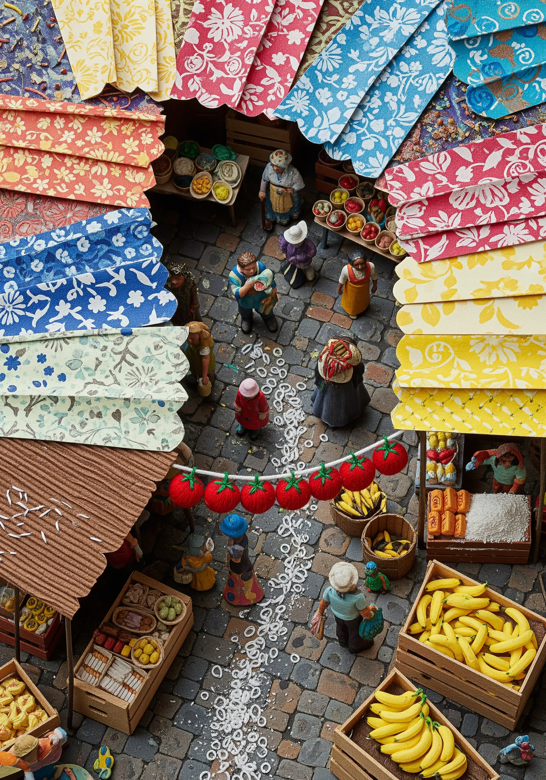 A miniature market scene where a garland of tomatoes is created with red embroidery thread.