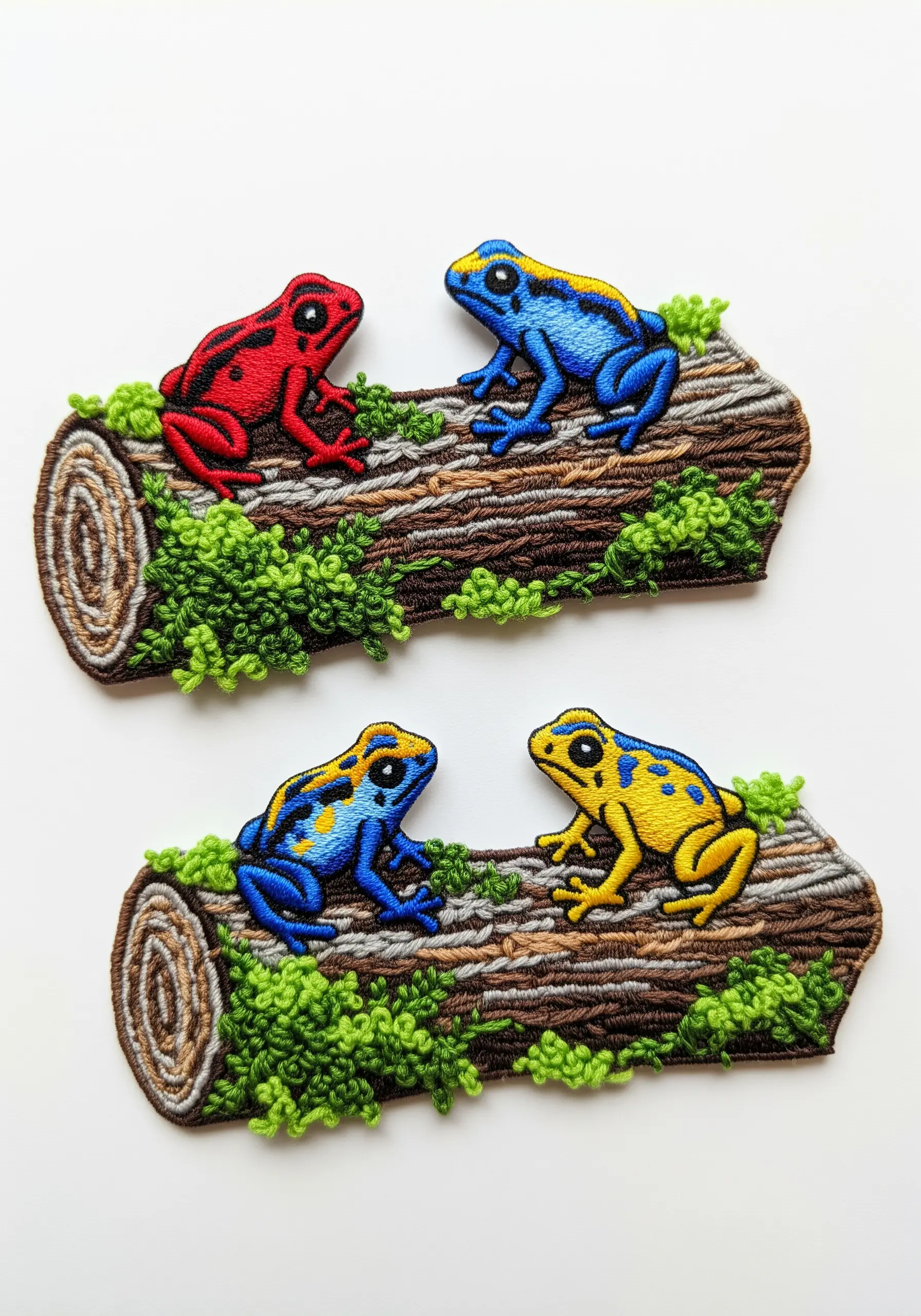 Two embroidered patches of colorful poison dart frogs sitting on a log covered in 3D moss.