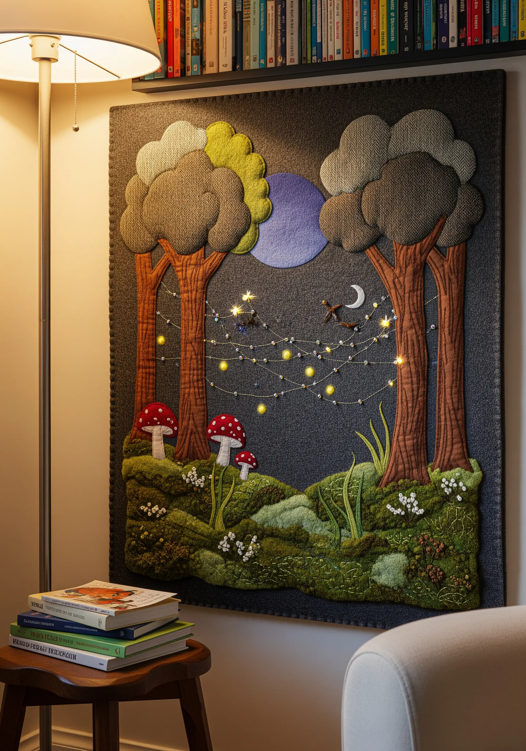 Layered fabric wall art of a forest scene with appliqué trees, mossy ground, and integrated fairy lights.