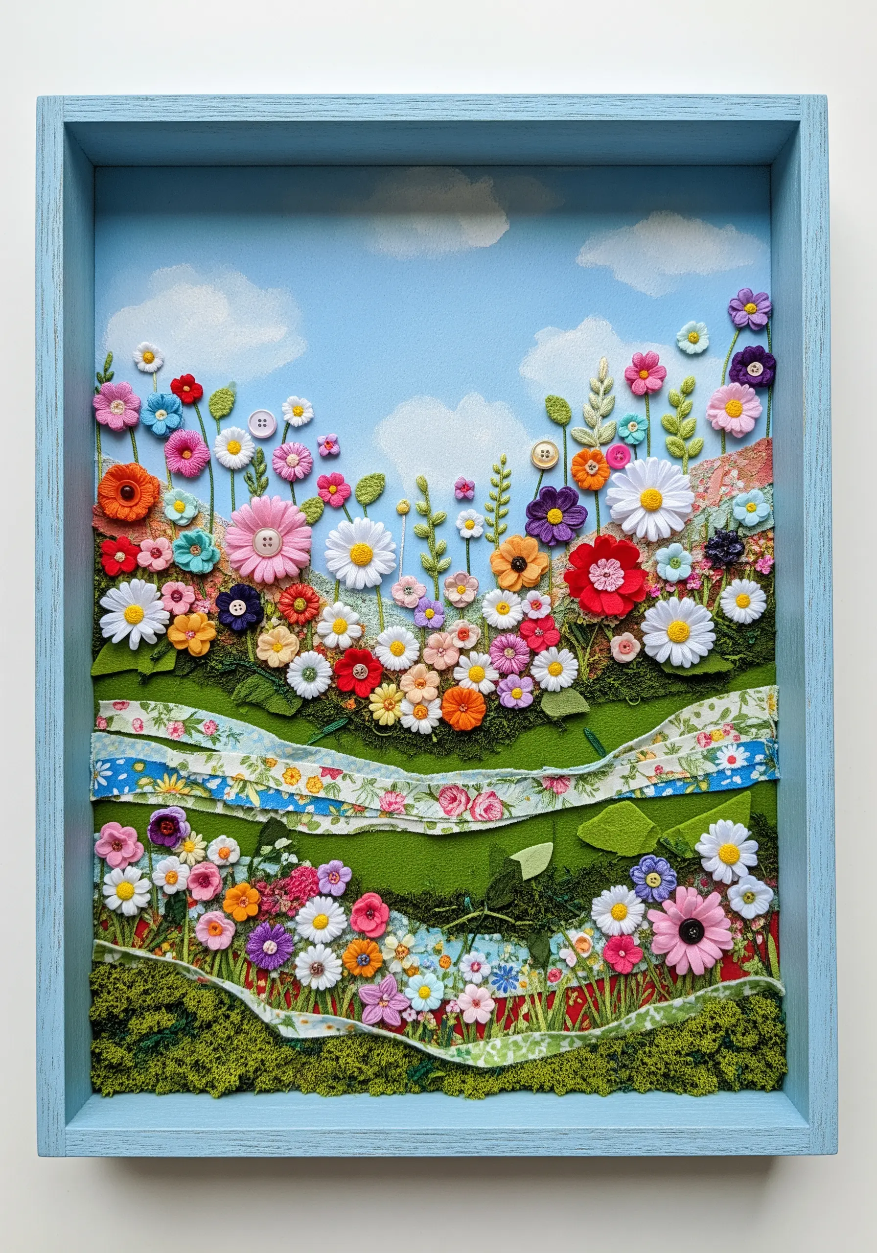 A framed 3D collage of a flower meadow using buttons, beads, and fabric flowers
