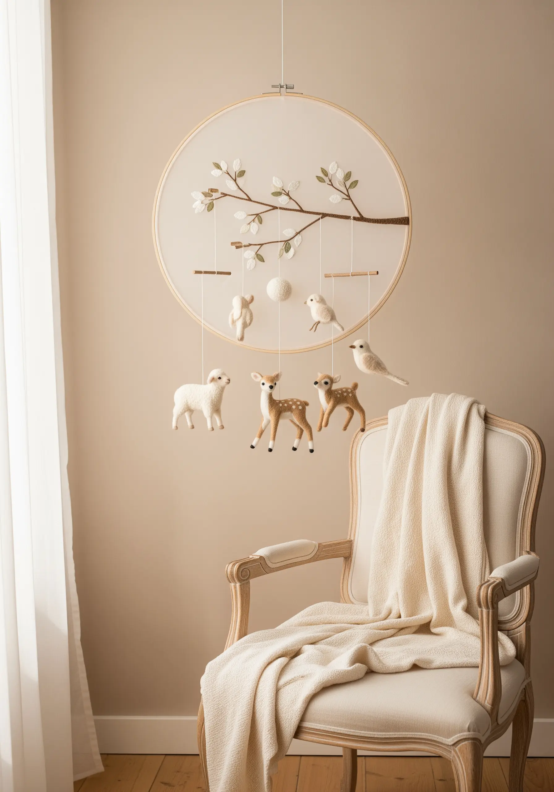 An embroidery hoop with a stitched branch from which small, 3D felt animals are hanging