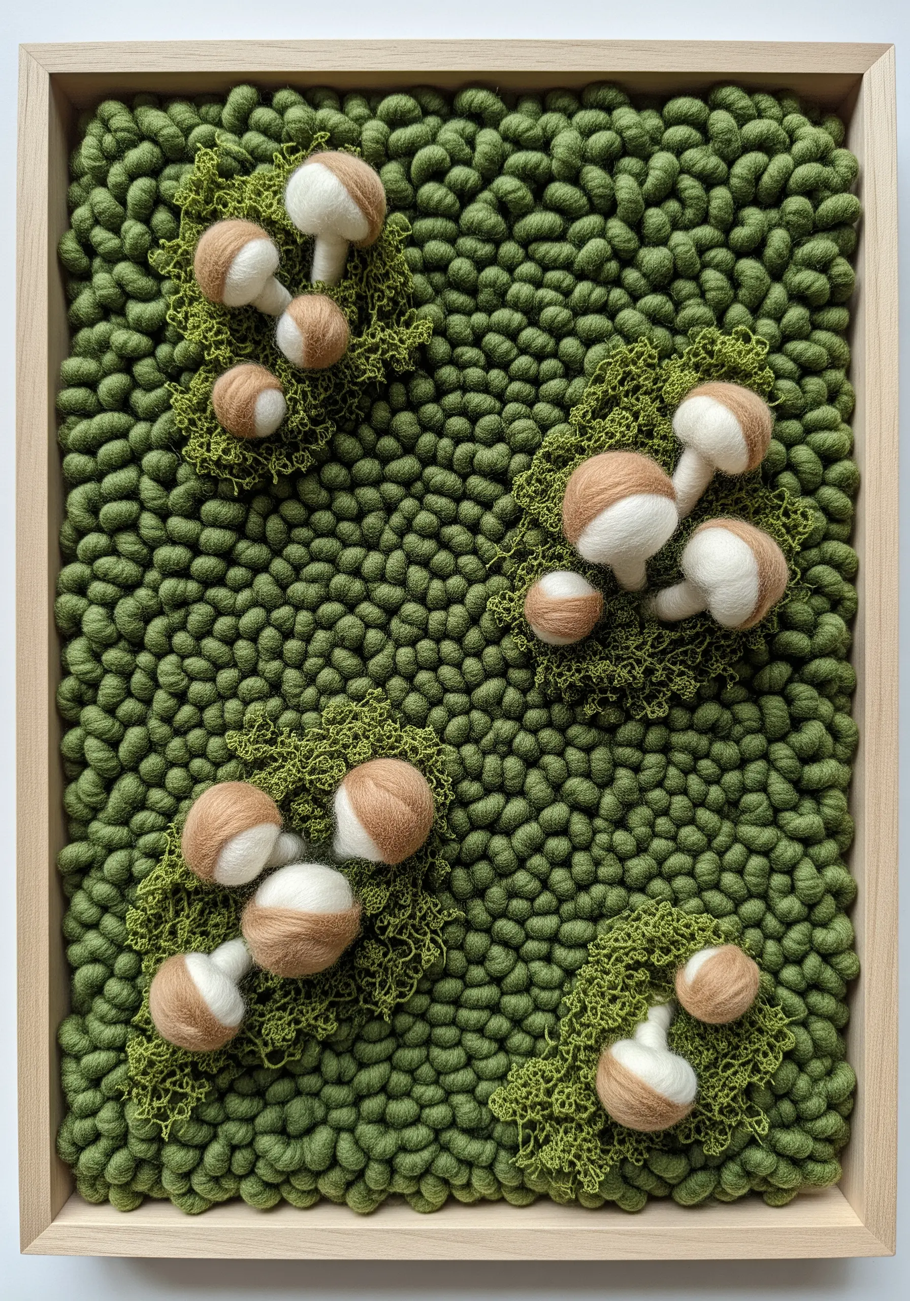 A framed fiber art piece with a dense green French knot background and 3D needle-felted mushrooms.