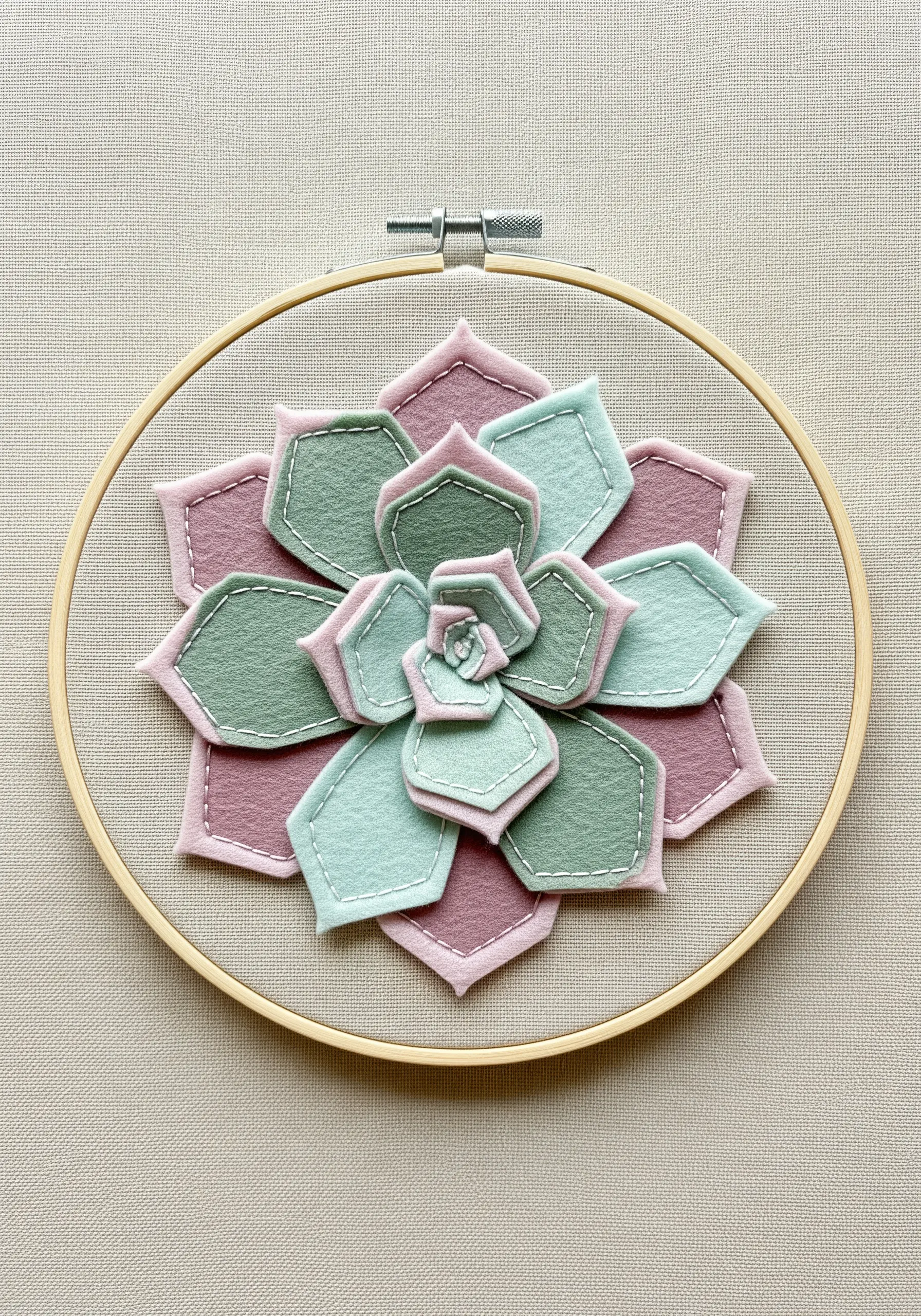 A 3D succulent made from layered pink and green felt pieces in an embroidery hoop.