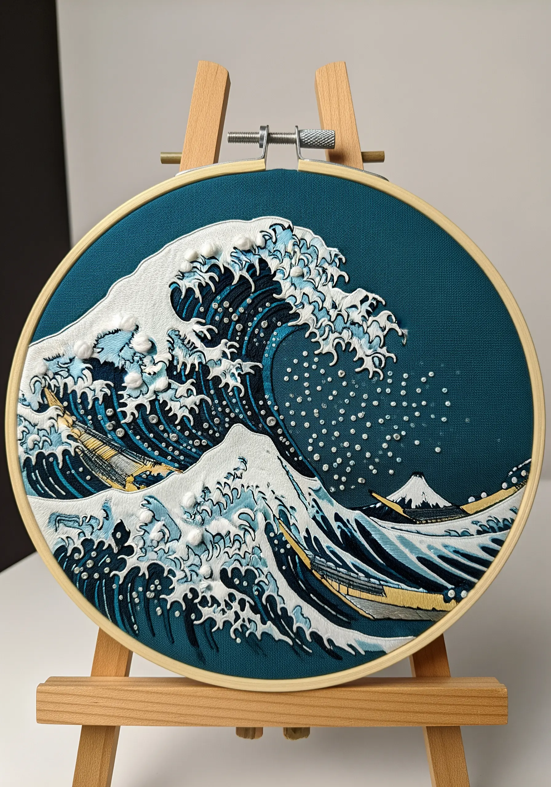 Detailed embroidery of 'The Great Wave' with textured French knots for sea foam.