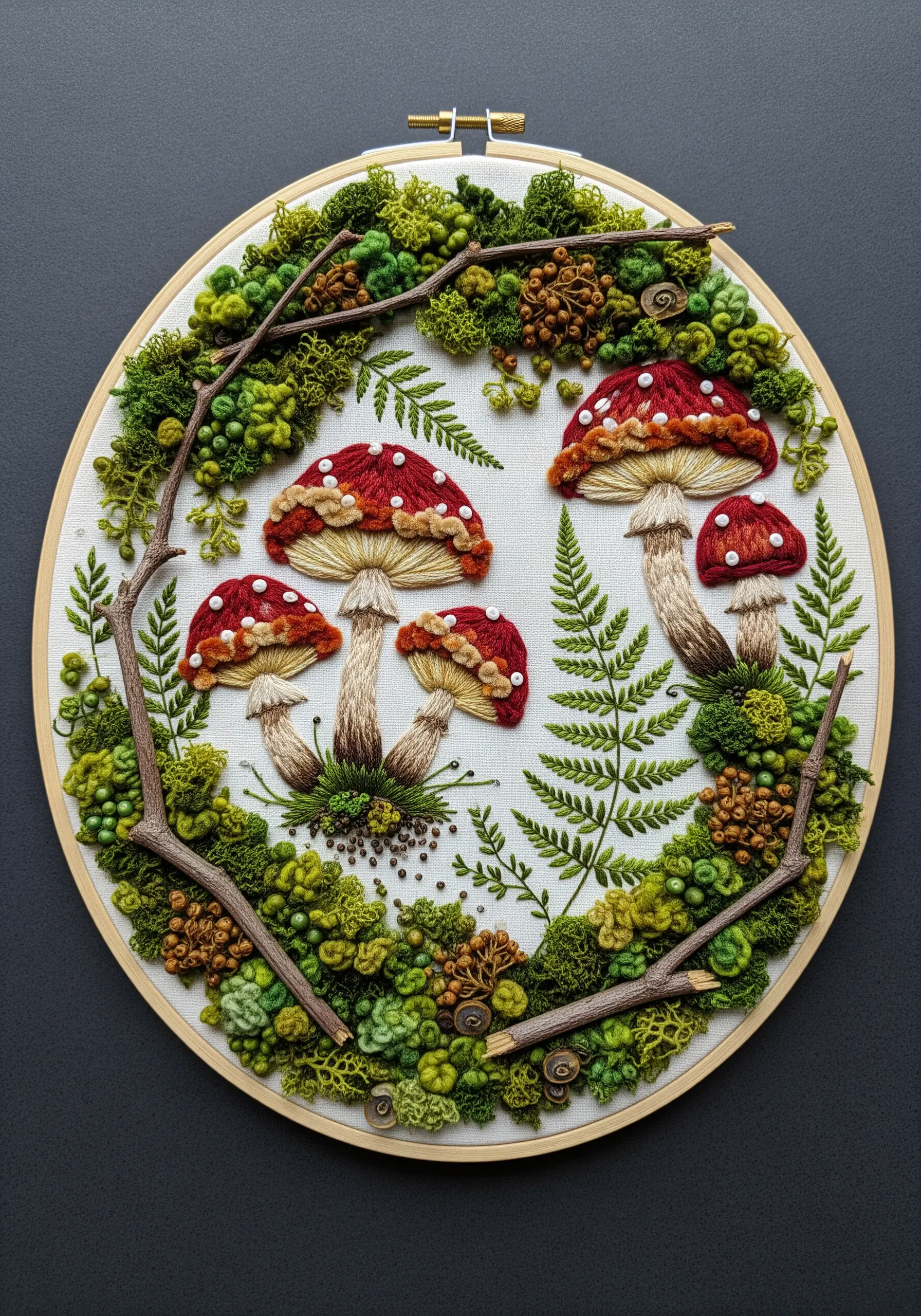 Embroidered red-capped mushrooms with 3D moss, twigs, and French knots.