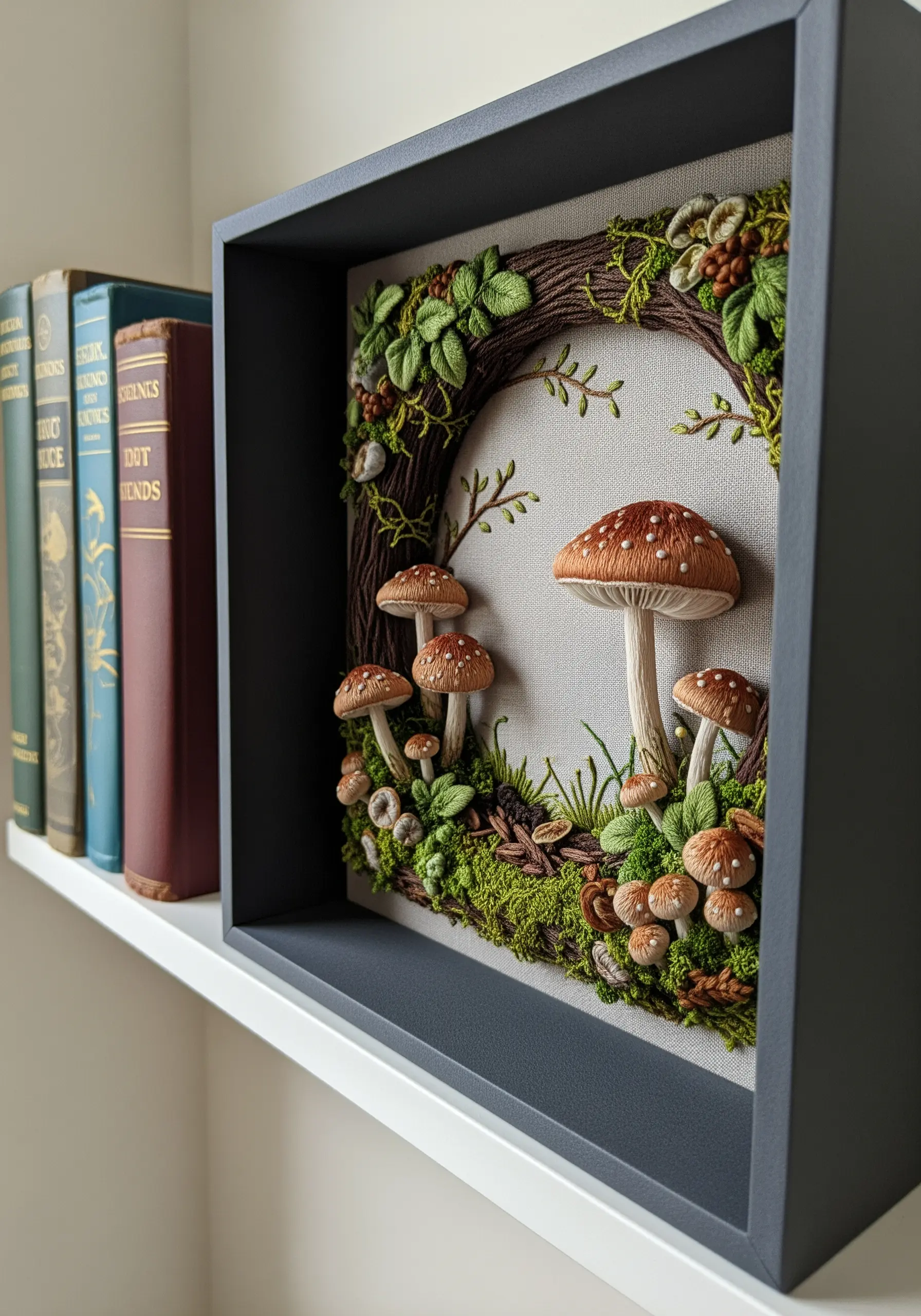 A 3D embroidered mushroom scene inside a deep shadow box frame.