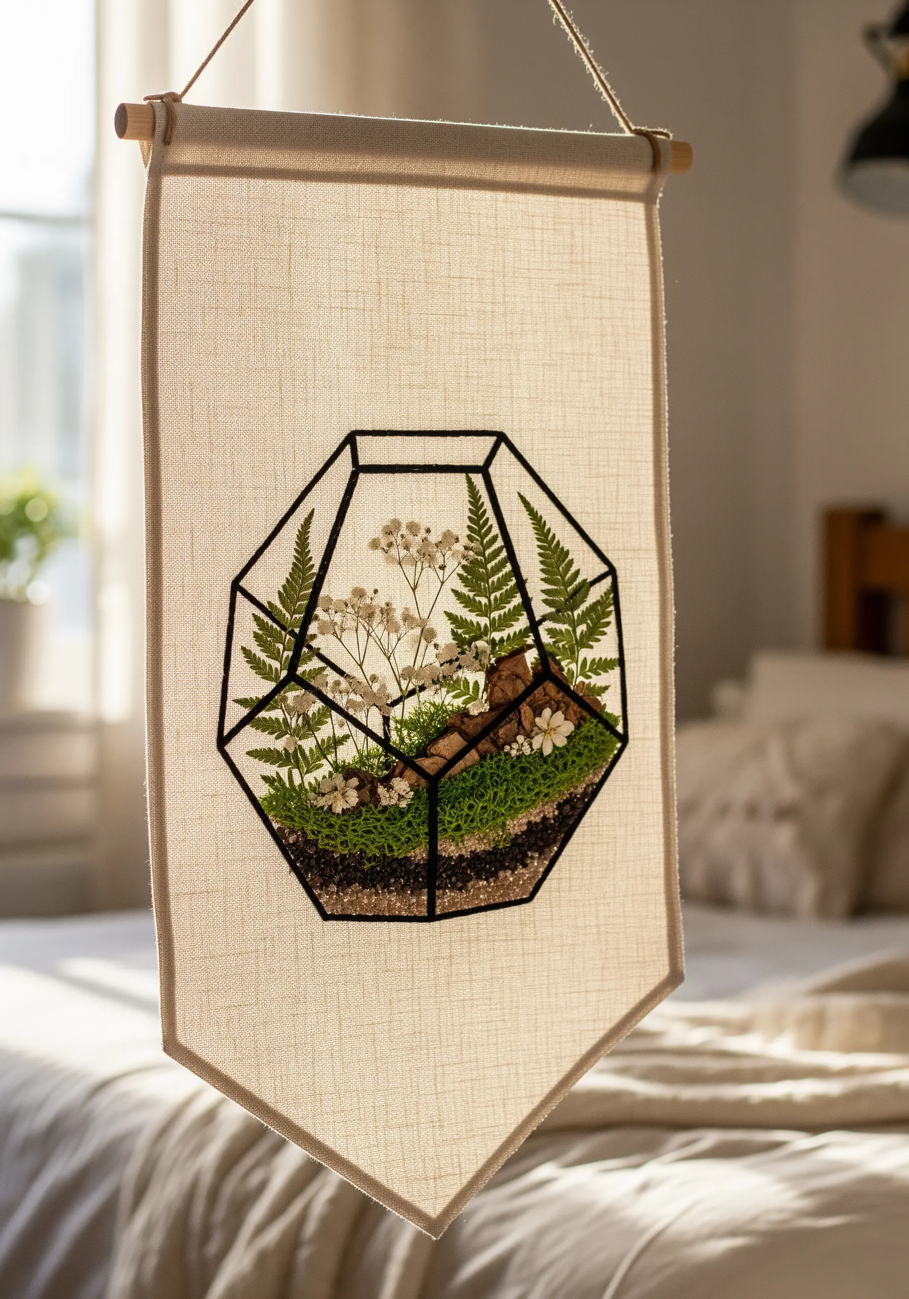 A geometric terrarium embroidered on a linen banner, filled with real pressed ferns and small flowers.