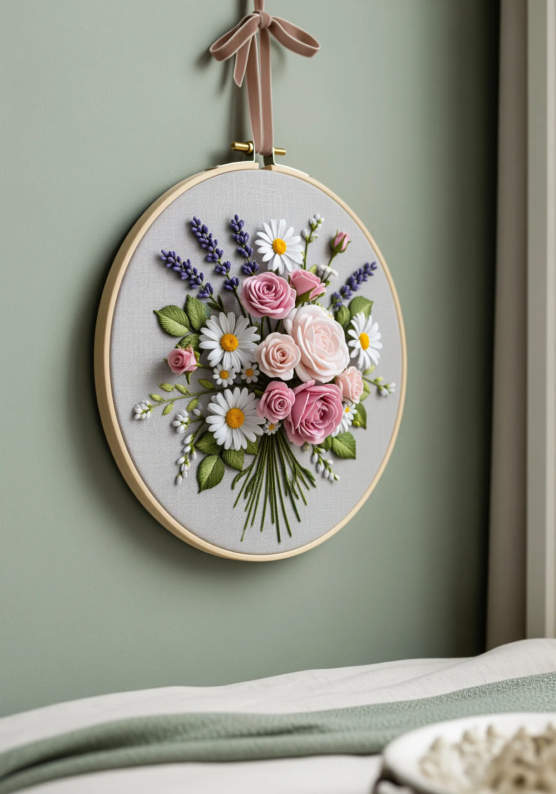 Embroidery hoop with a dimensional bouquet of pink roses, daisies, and lavender.