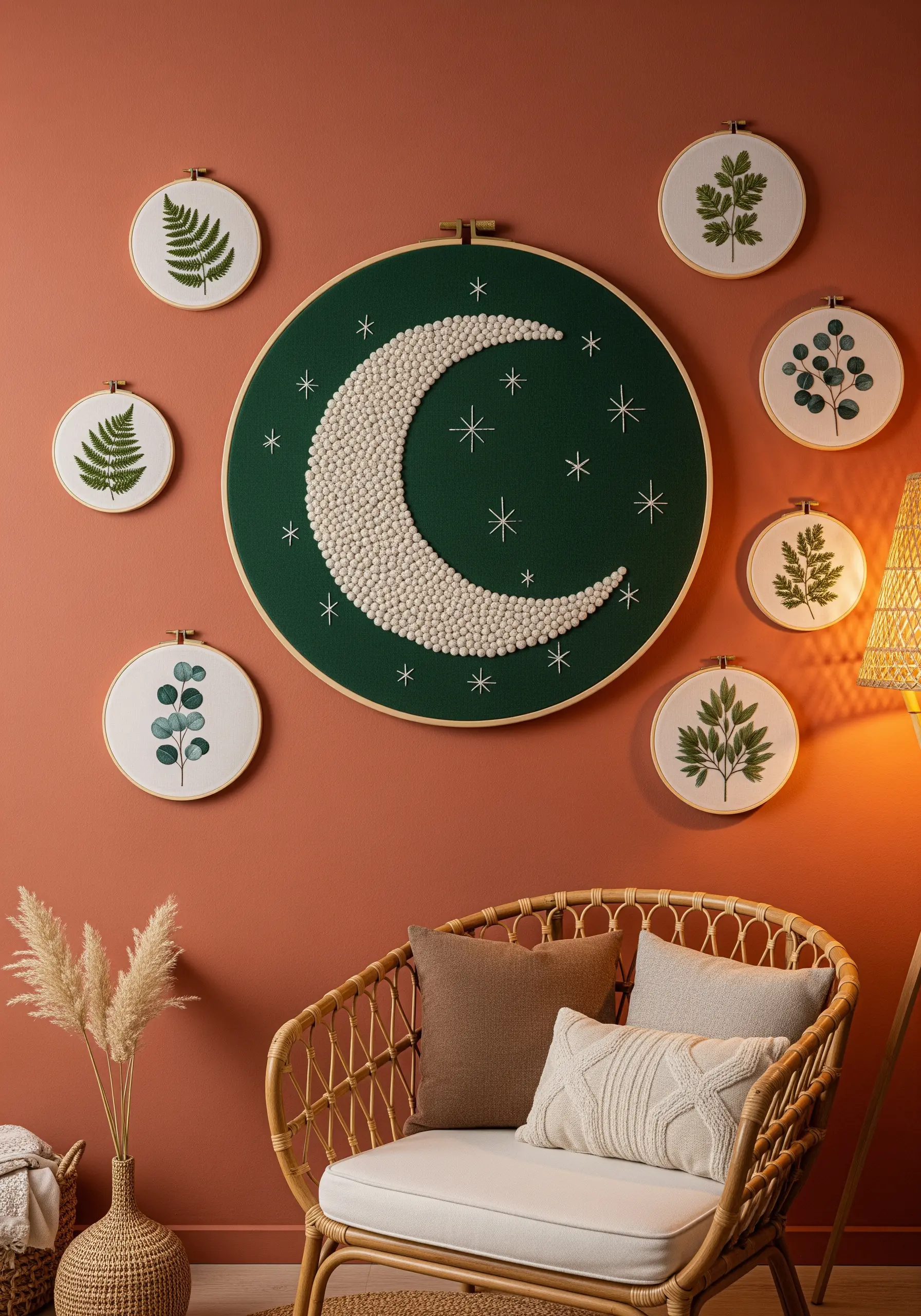 A central hoop with a French knot moon surrounded by smaller hoops with fern embroidery.