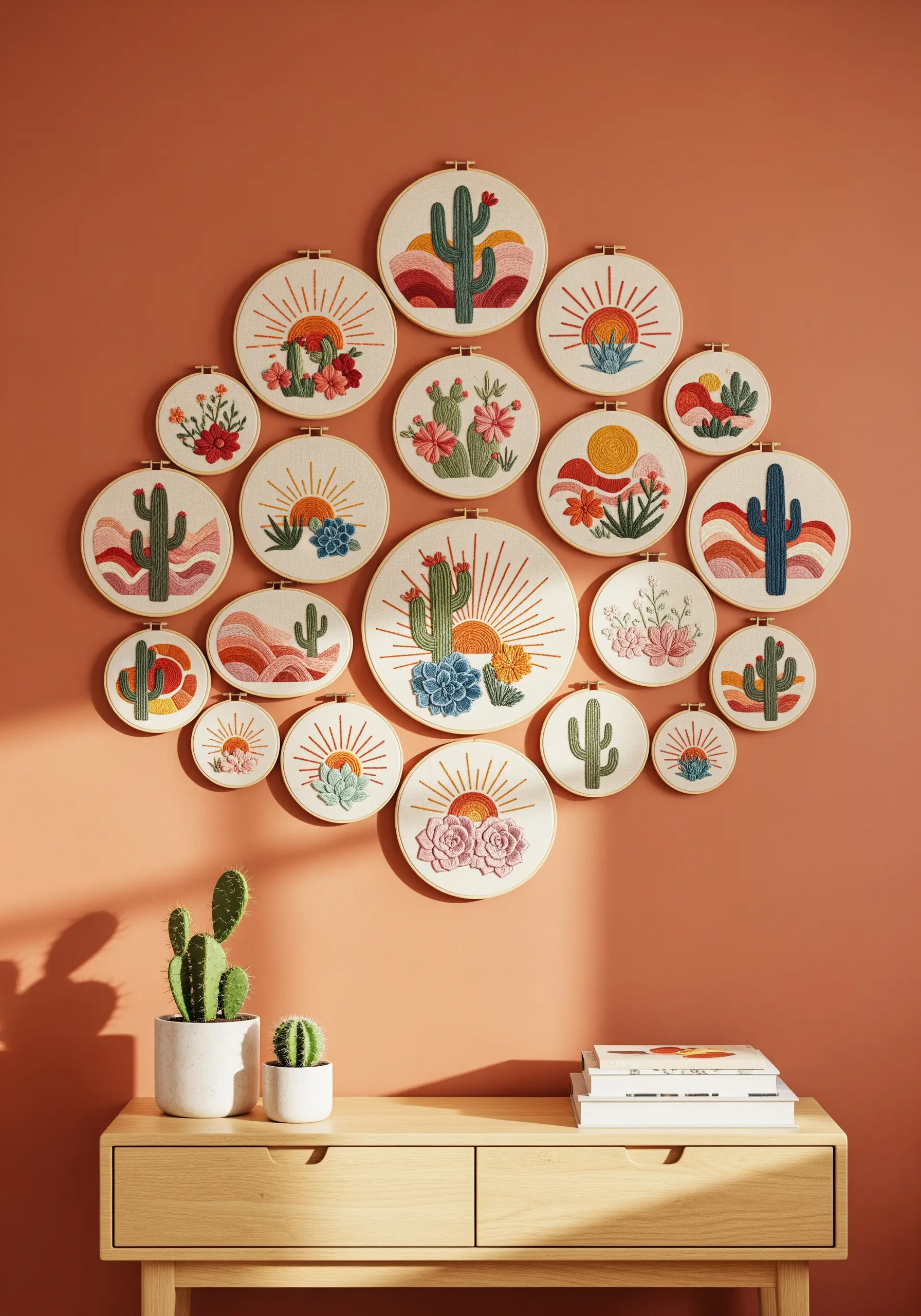 A gallery wall of desert-themed embroidery hoops with cacti and sun motifs.