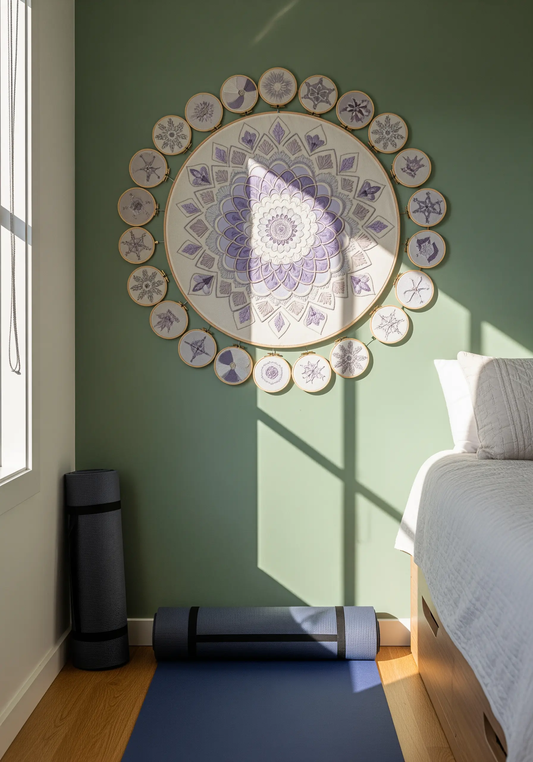 A large central mandala embroidery hoop surrounded by smaller hoops with matching motifs.