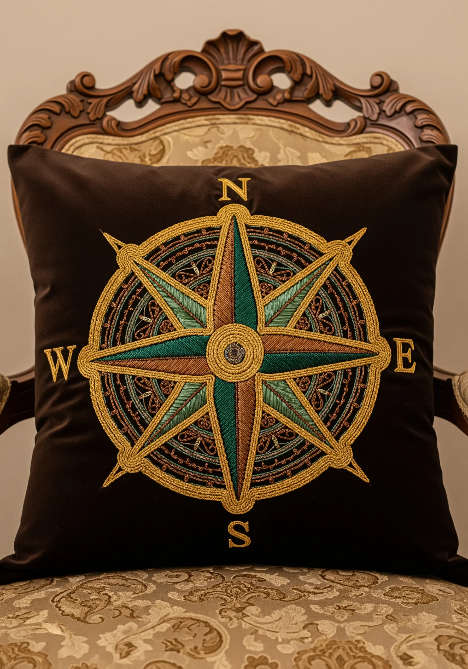 A detailed compass rose embroidered with gold, green, and brown thread on a dark cushion.