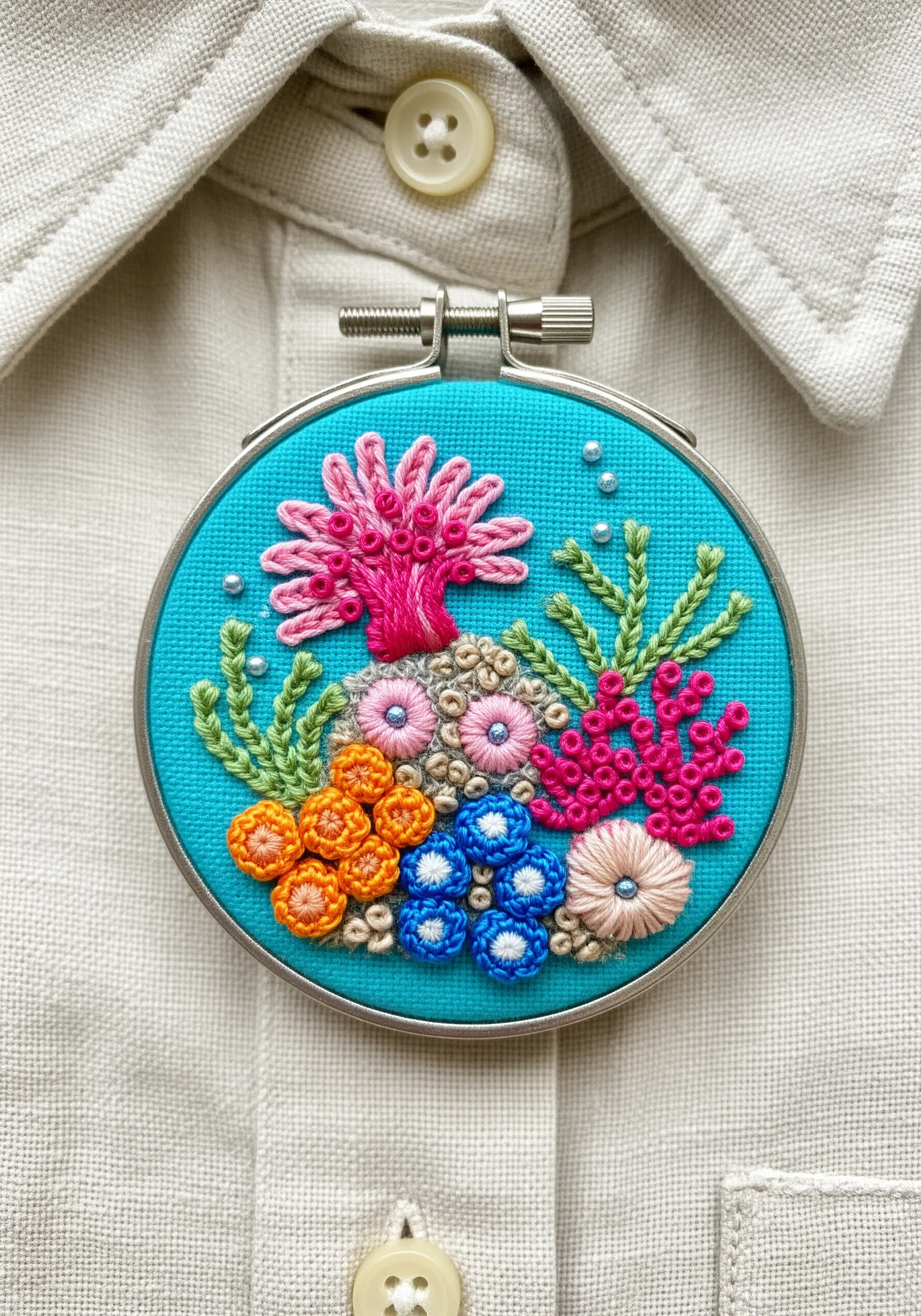 A vibrant embroidered coral reef scene with a variety of textured stitches and beads.