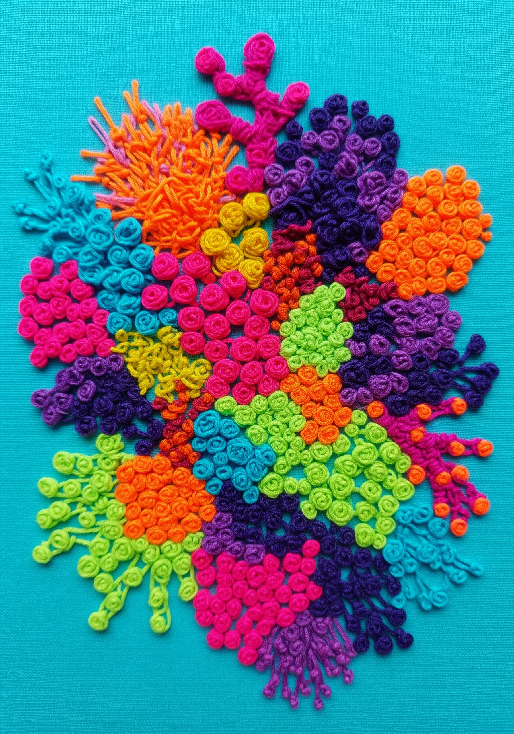 Vibrant, dense embroidery of a coral reef using a variety of knotted stitches.