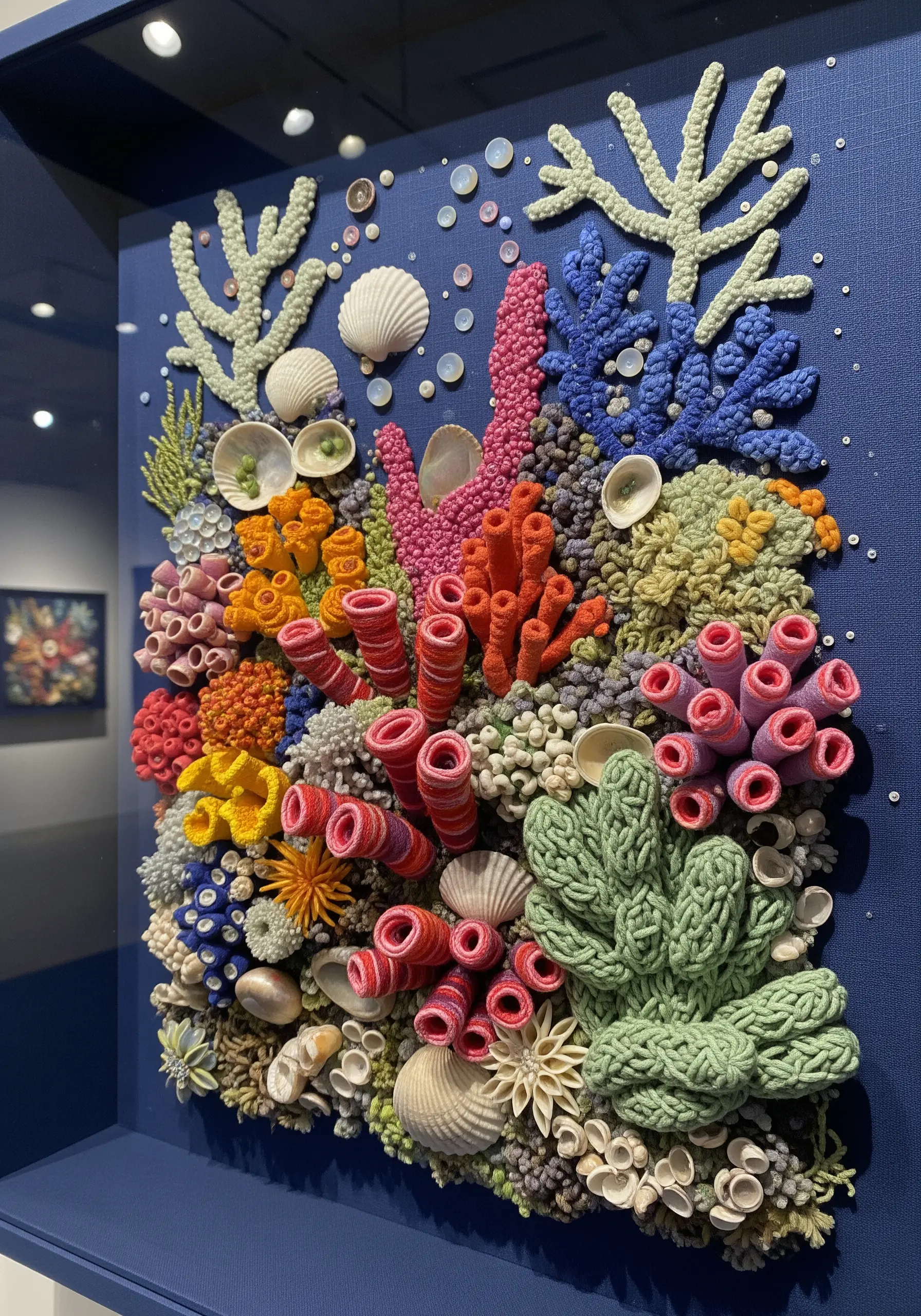 A vibrant 3D coral reef made with raised embroidery, yarn, shells, and beads.