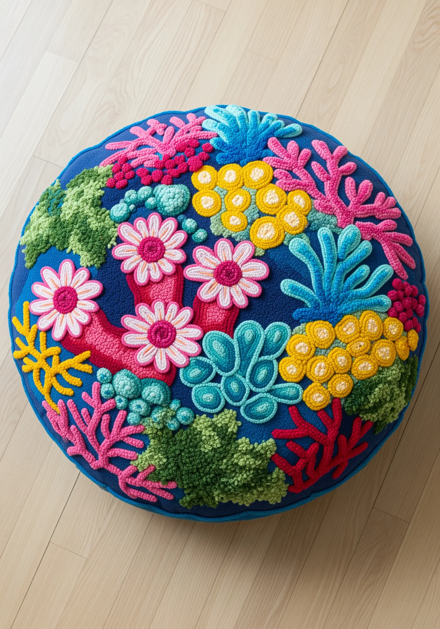 A round, brightly colored cushion with dimensional embroidery of a coral reef.