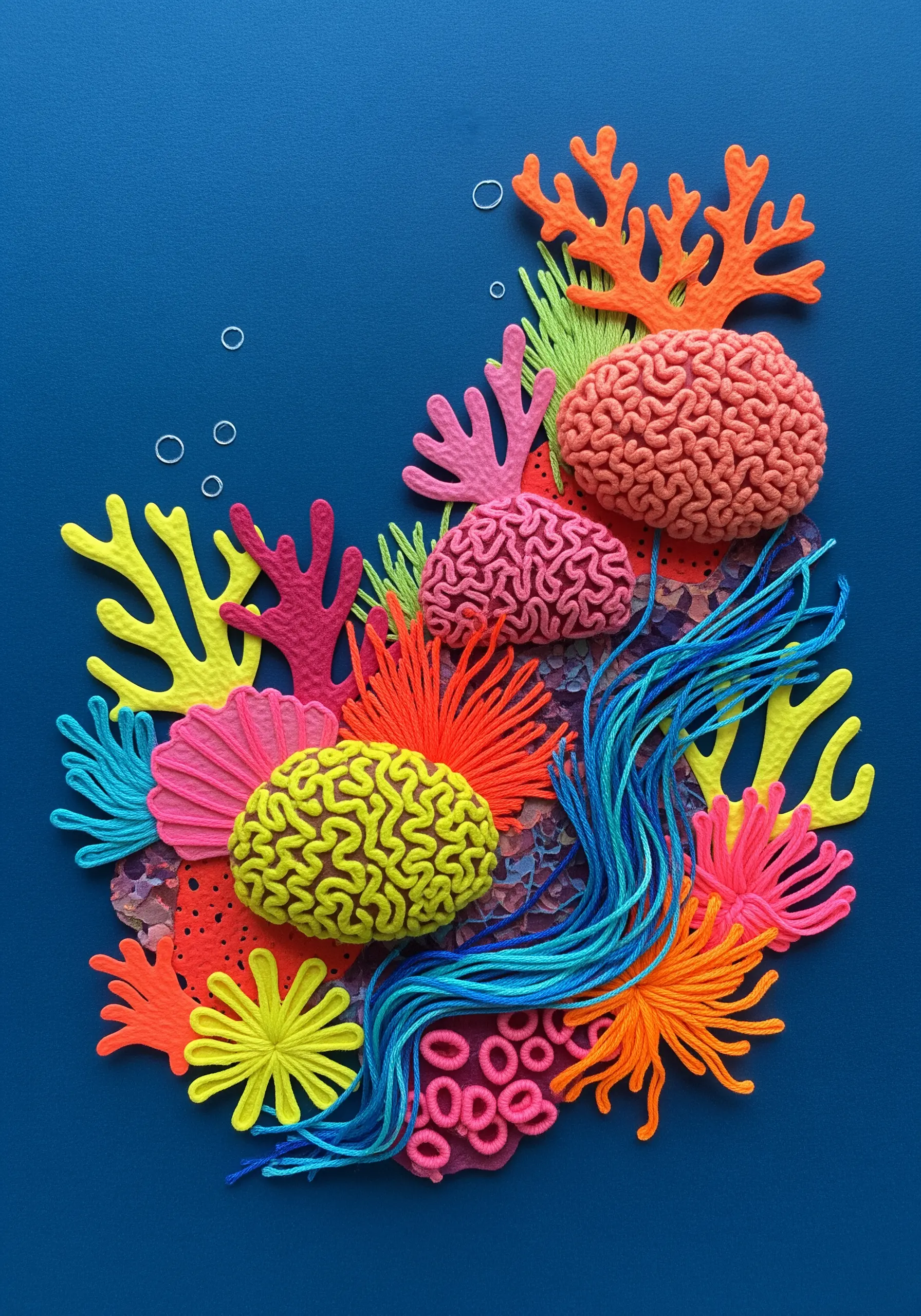 A vibrant collage of a coral reef with paper and highly textural, 3D embroidery stitches.