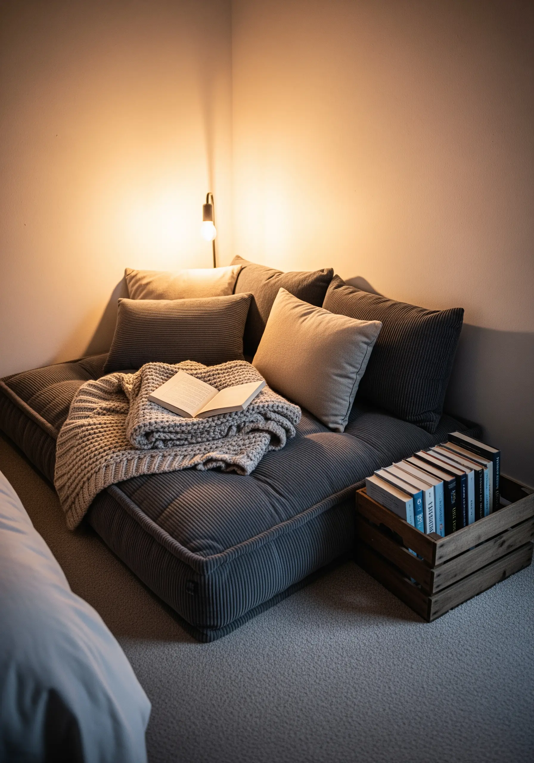 A cozy reading nook in a corner with floor cushions, textured pillows, and a crate of books.